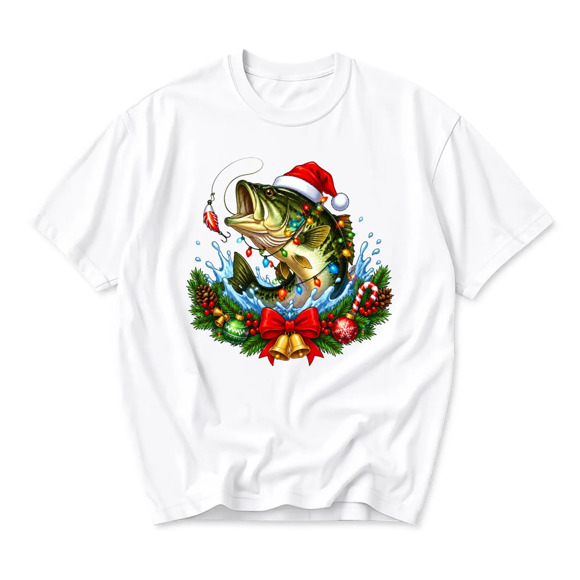 Funny Shirt Christmas Fishing Graphic Tee Holiday Season Crew Neck Unisex