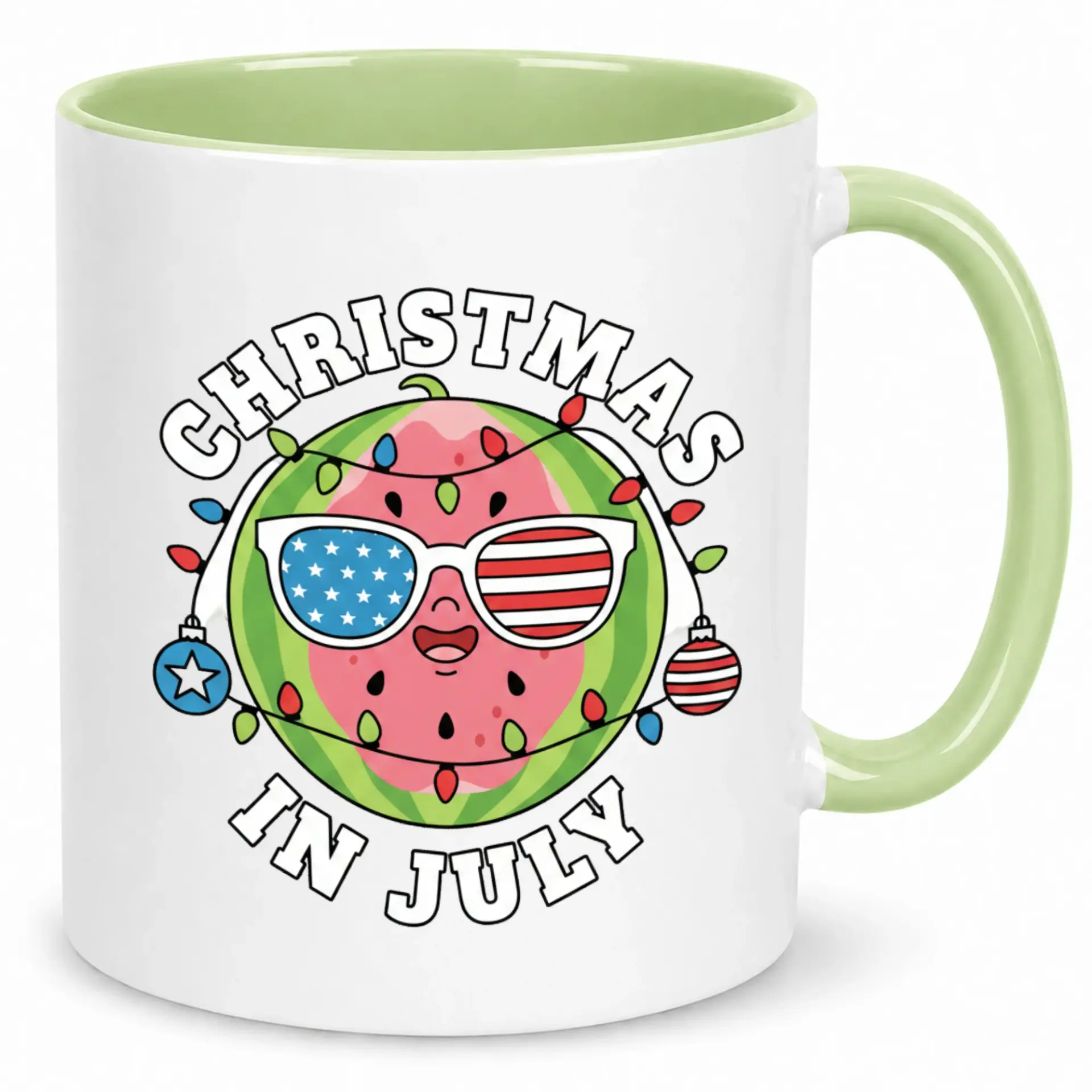 Funny Christmas in July Coffee Mug; Festive Summer Watermelon Design Ceramic Cup; Unique Holiday Drinkware Gift for Summer Celebrations