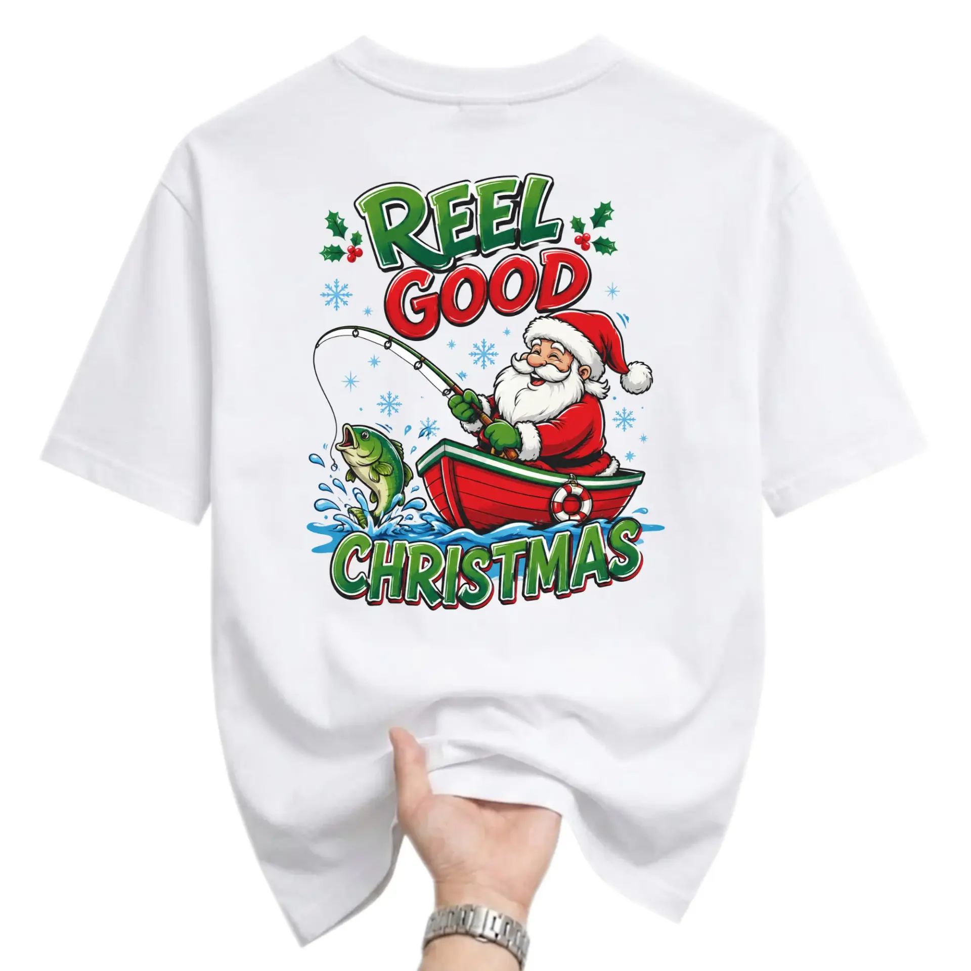 Funny Shirt Reel Good Christmas Graphic Tee Unisex Crew Neck Casual Holiday Apparel for Fishing Enthusiasts White