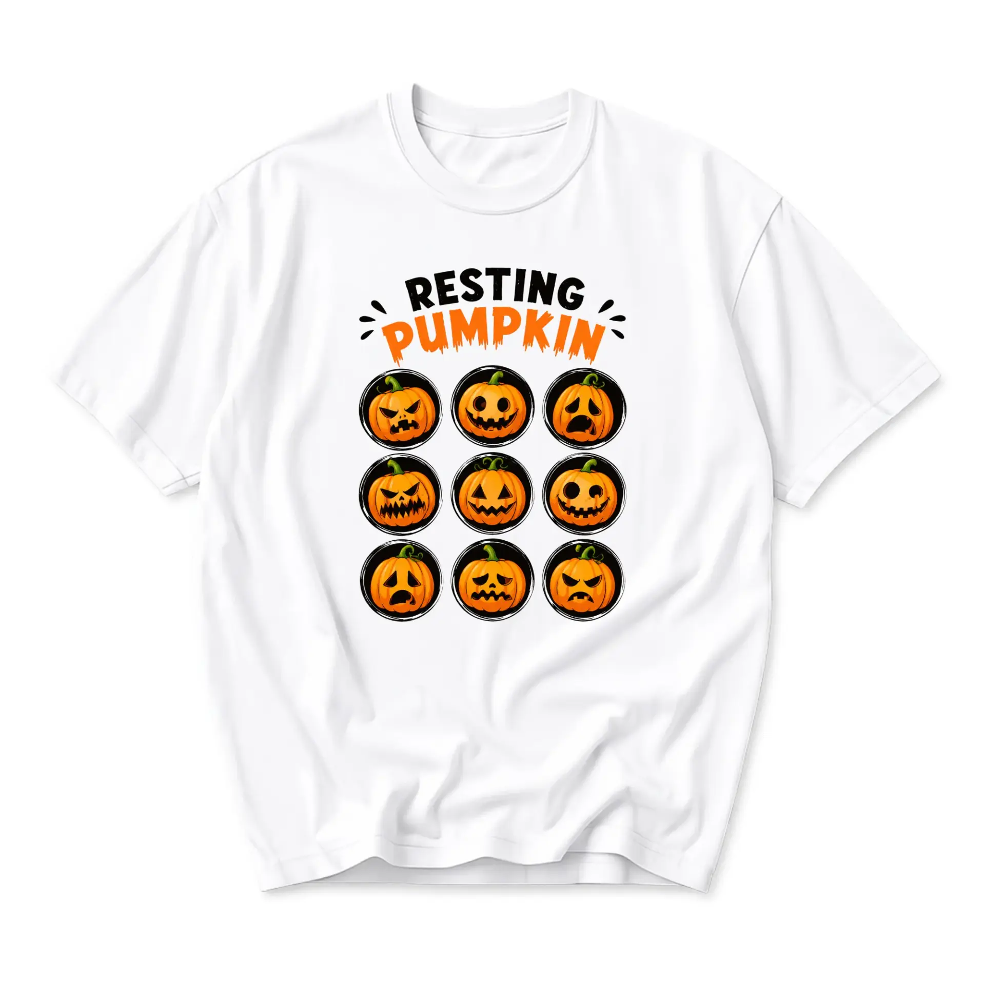 Funny Shirt Resting Pumpkin Face Graphic Tee Unisex Casual Apparel for Autumn Holiday Seasonal Wear White Crew Neck