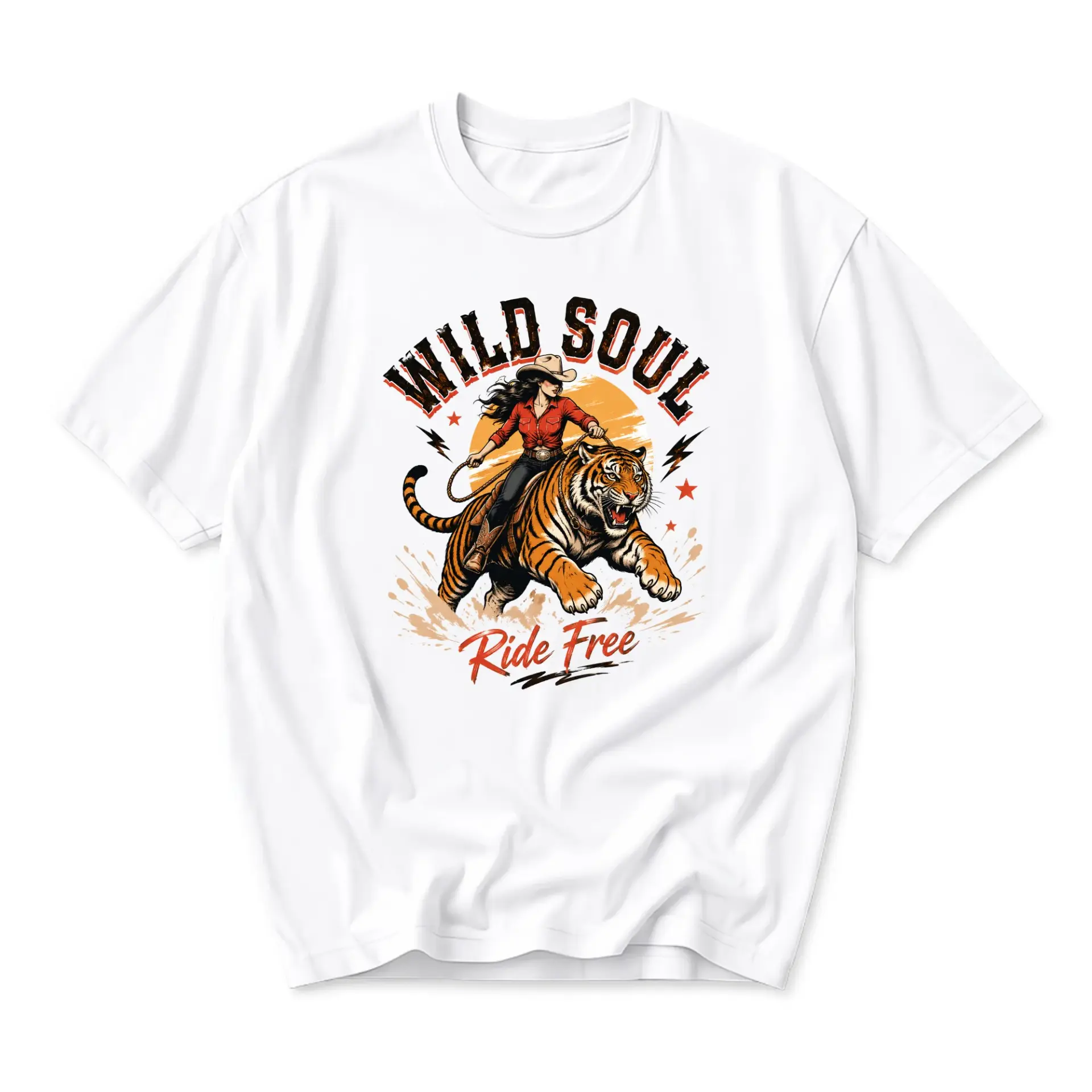 Graphic Tee Wild Soul Ride Free Western Inspired Cowgirl on Tiger Illustration Unisex Casual Short Sleeve Shirt