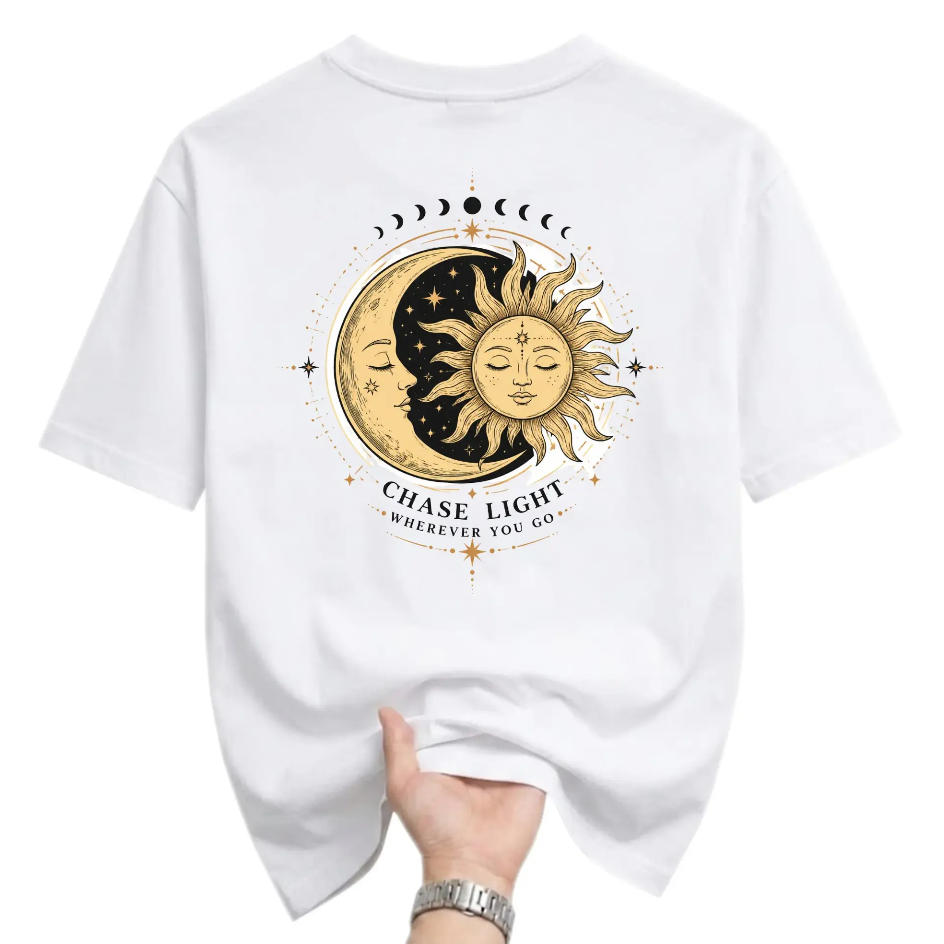 Graphic Tee Celestial Sun and Moon Print Unisex Casual Crew Neck T-Shirt Featuring Mystical Illustration