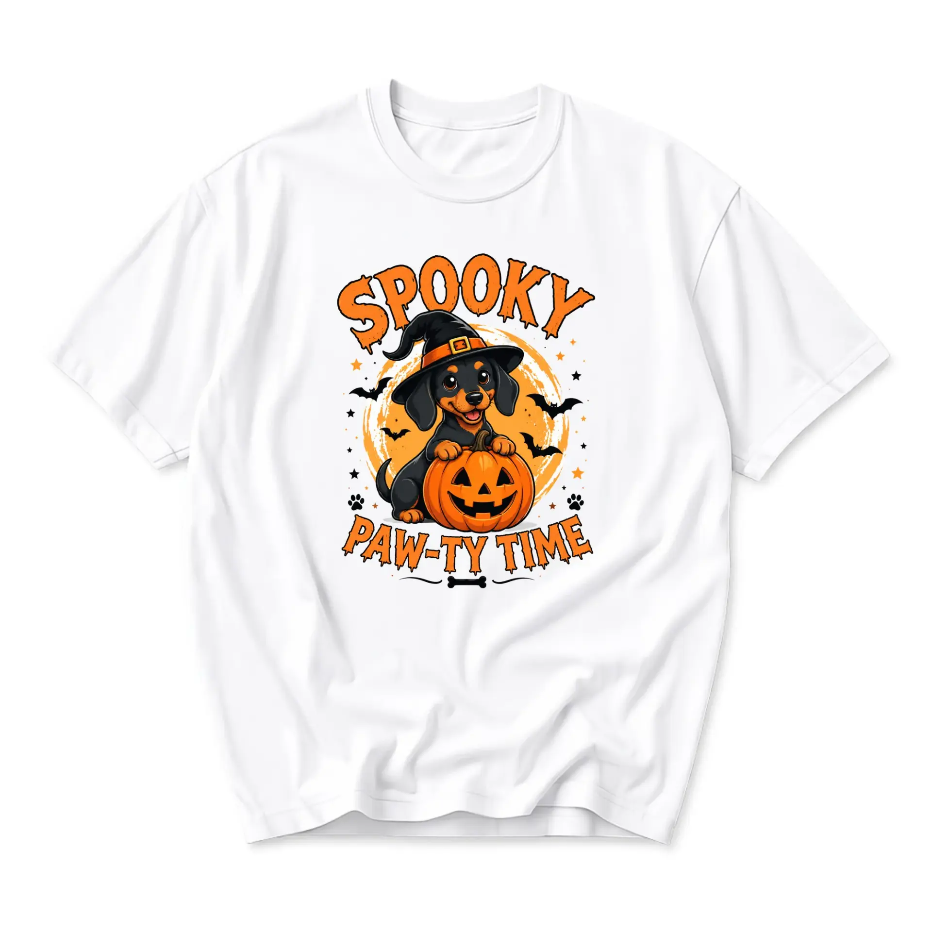 Funny Shirt Spooky Paw-Ty Time Dachshund Halloween Graphic Tee Unisex Crew Neck Casual Wear Soft Cotton Apparel