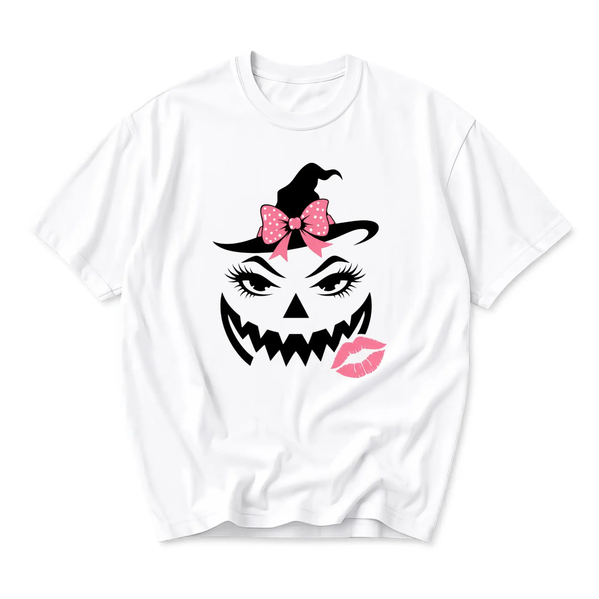 Graphic Tee Witch Pumpkin Face with Pink Bow and Lips Print Unisex Casual Cotton Crew Neck Short Sleeve Shirt