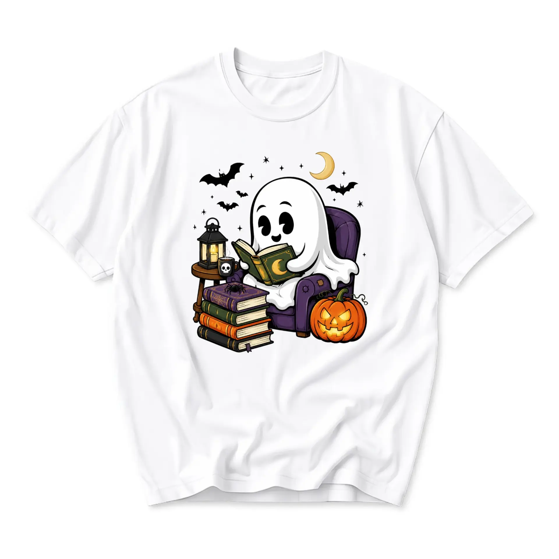 Graphic Tee Unisex Ghost Reading Book in Armchair Autumn Theme Casual Shirt Cozy Fall Apparel for Daily Wear Comfort