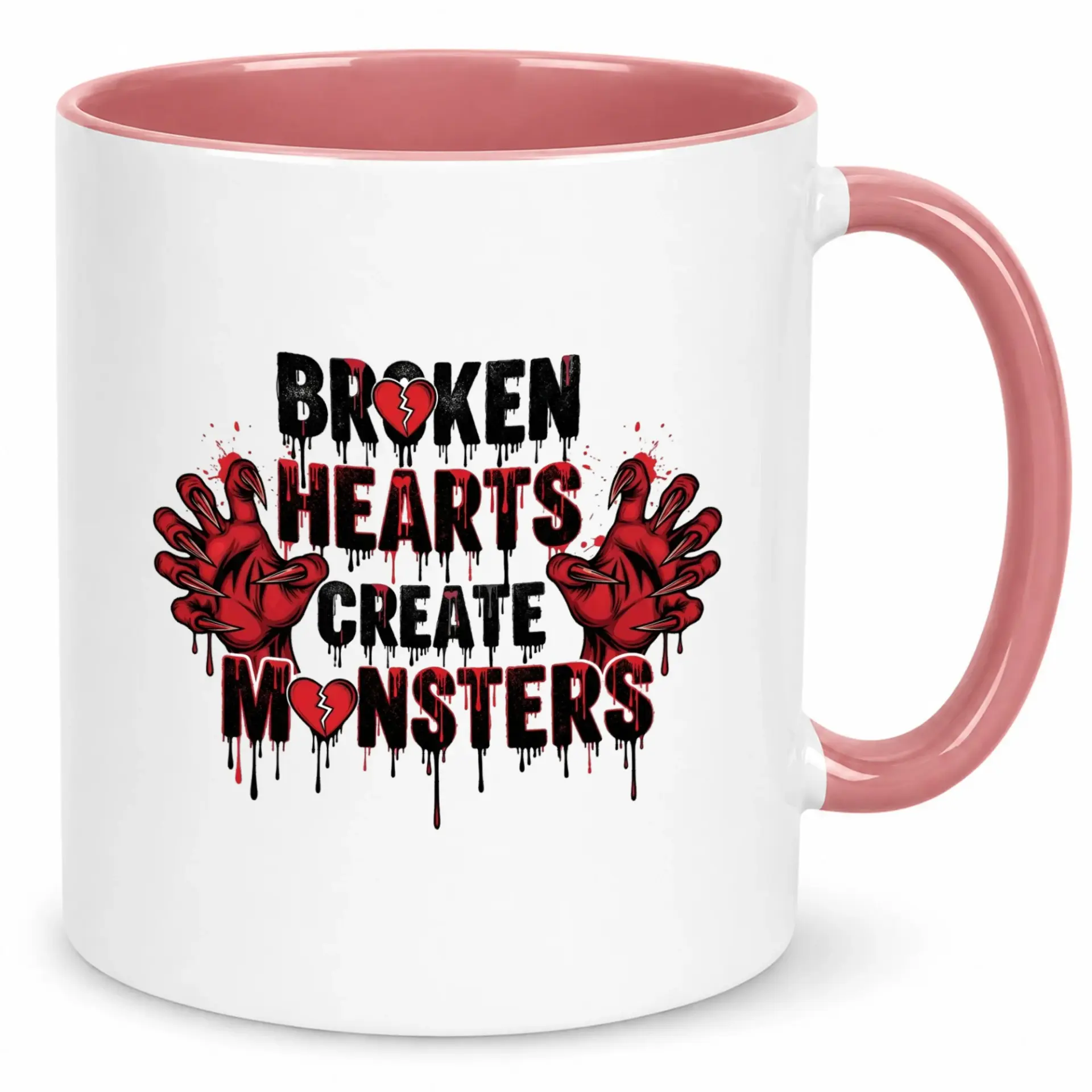 Ceramic Coffee Mug with Broken Hearts Create Monsters Design, Dark Aesthetic Novelty Beverage Cup, Unique Gift for Edgy Goth Enthusiasts