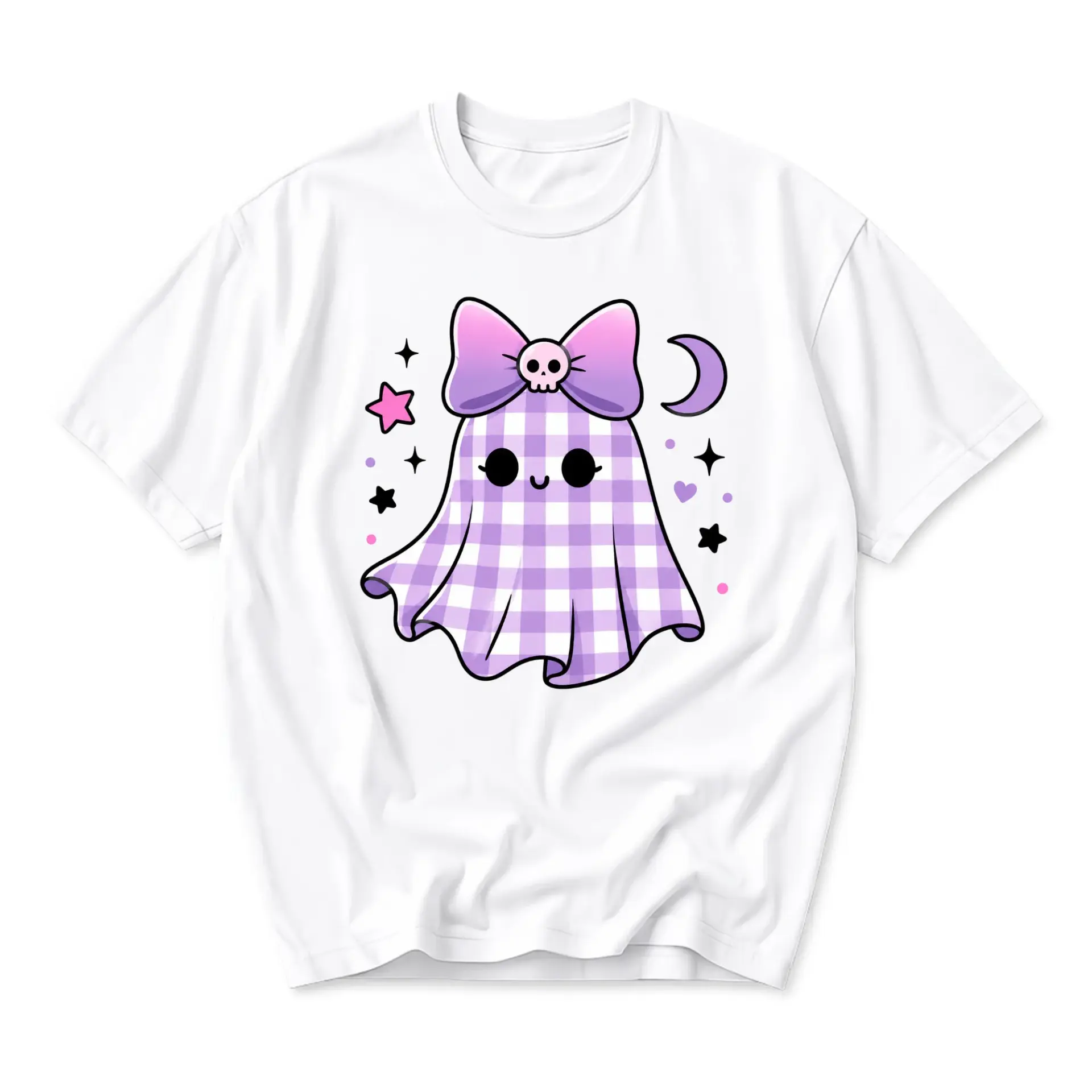 Graphic Tee Unisex Crew Neck T-Shirt Featuring Cute Purple Gingham Ghost Illustration Aesthetic Casual Apparel