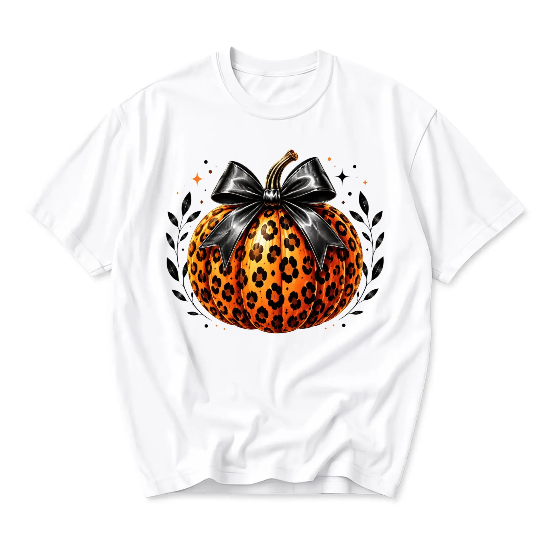 Graphic Tee Unisex Pumpkin Leopard Print Bow Design Casual Fall Short Sleeve Crew Neck Cotton Blend Soft Fashion Shirt