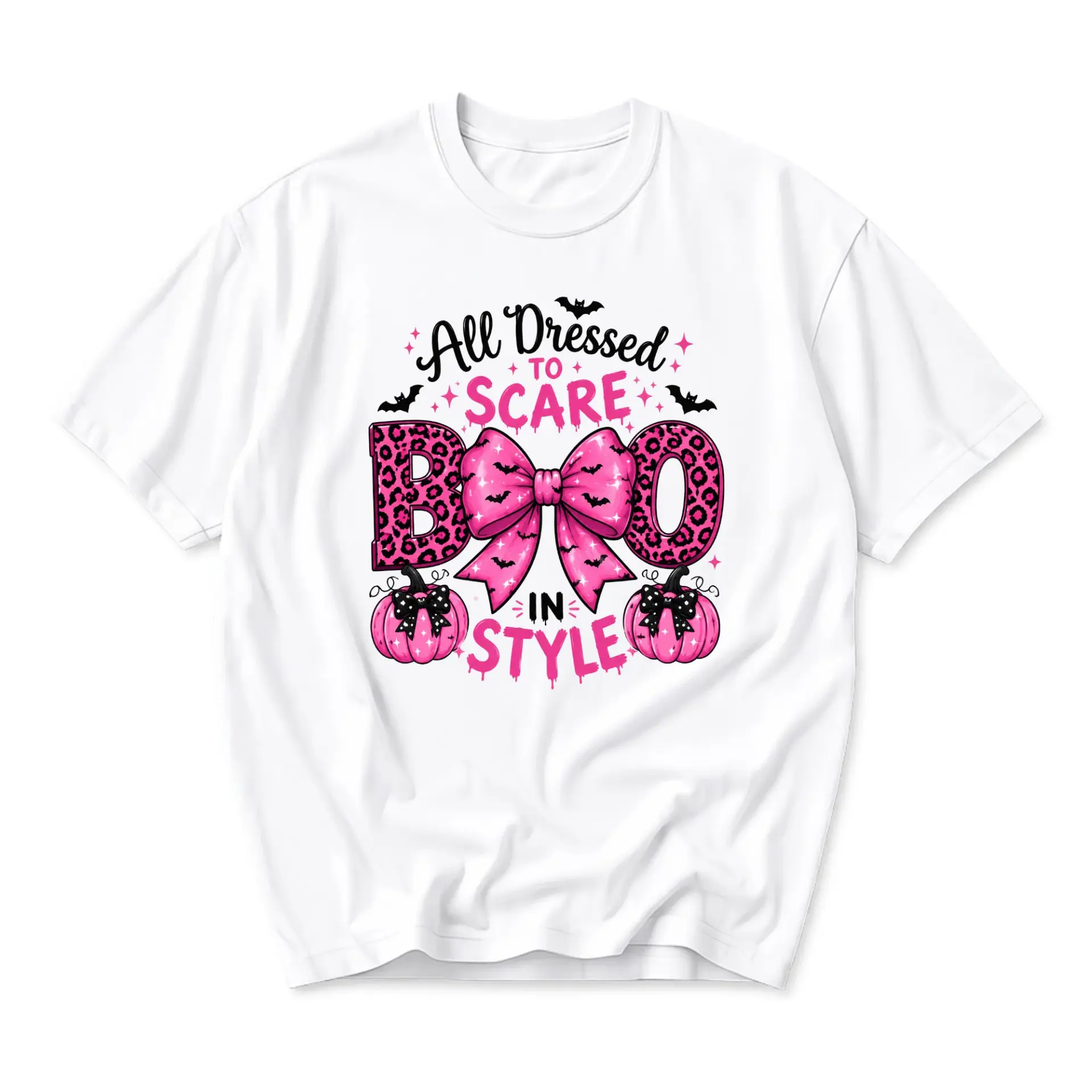 Funny Shirt All Dressed to Scare Boo in Style Pink Pumpkin Halloween Graphic T-Shirt Unisex Casual Crew Neck Tee
