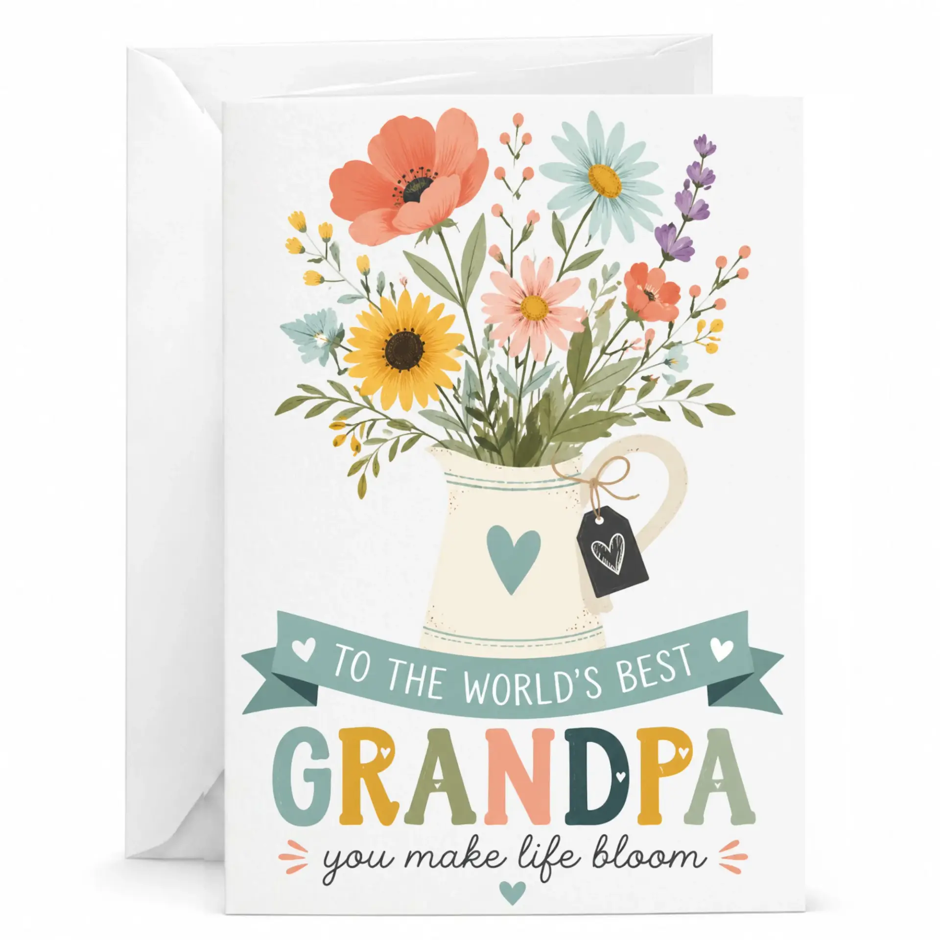 Greeting Card for Grandpa Floral Pitcher Design with Heartfelt Sentiment Blank Folded Note Envelope