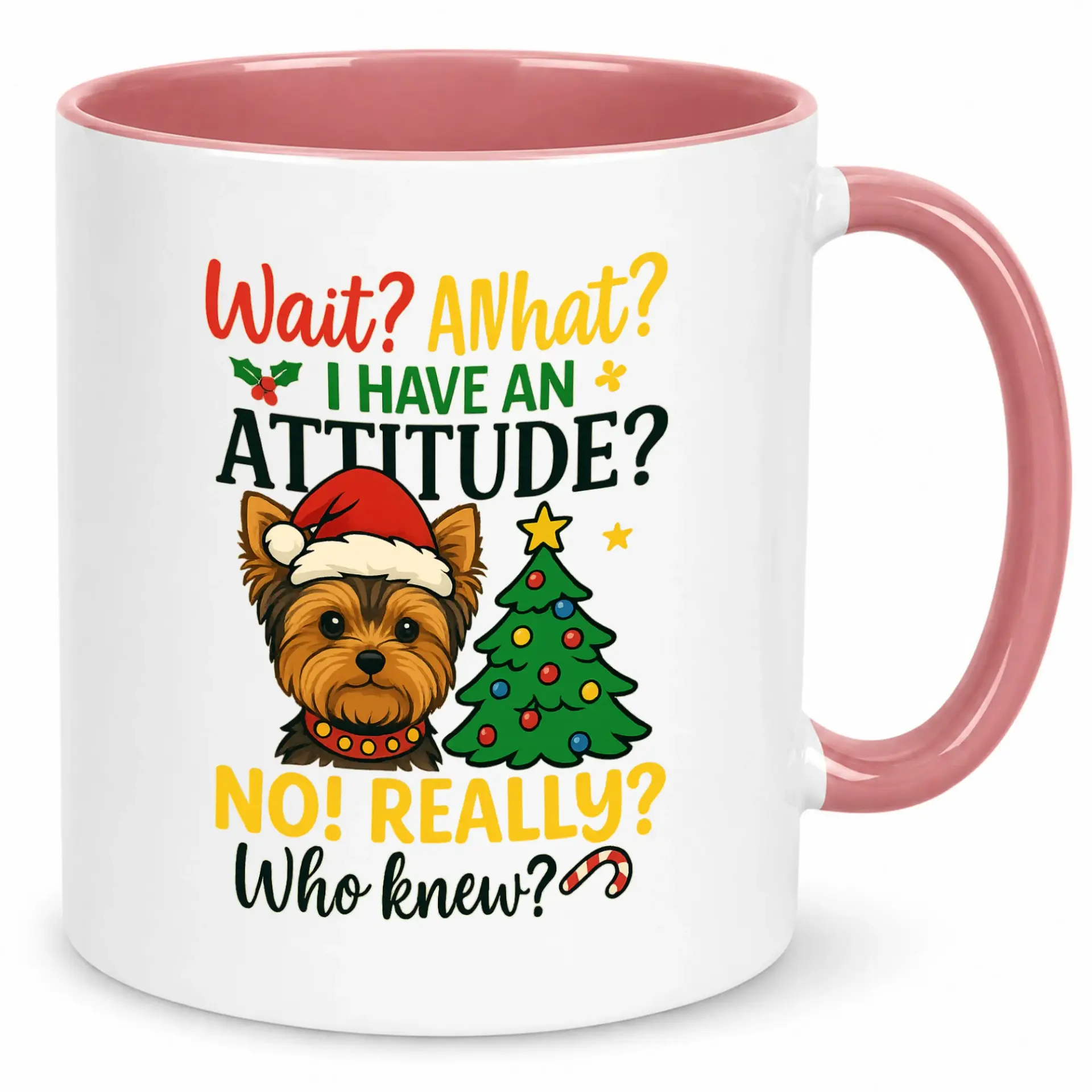 Funny Ceramic Coffee Mug with Yorkshire Terrier Dog & Christmas Tree Design, Sarcastic Attitude Holiday Beverage Cup for Gift Giving