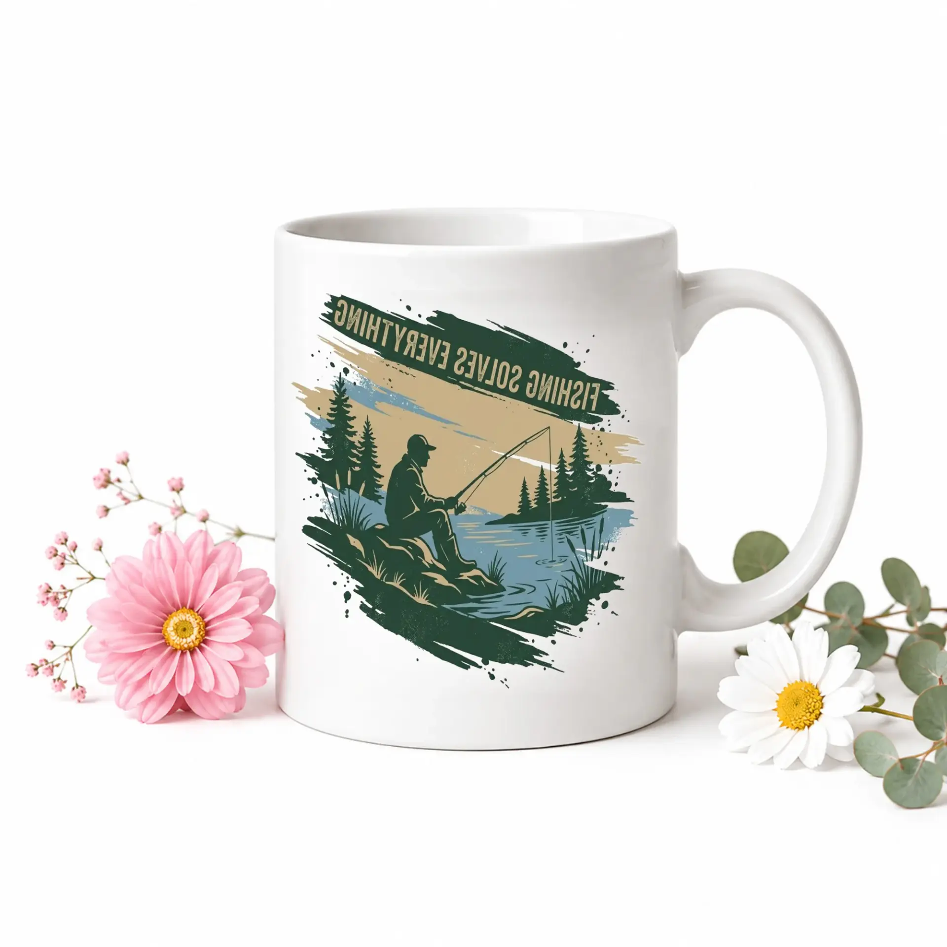 Fishing Solves Everything Two Ceramic Mug for Outdoor Enthusiasts and Anglers Who Enjoy Nature Themed Drinkware