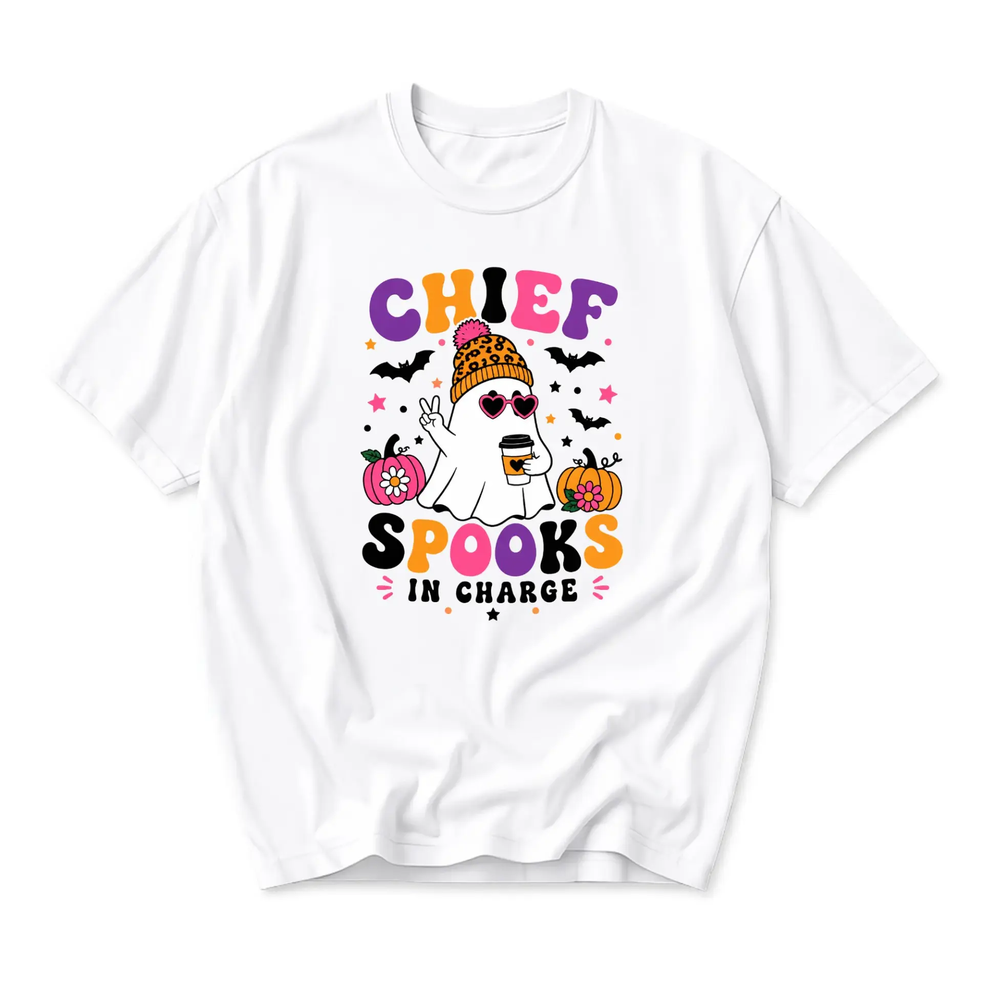 Funny Shirt Chief Spooks in Charge Graphic Tee Unisex Fall Season Pumpkin Ghost Print Casual Crew Neck Cotton Top
