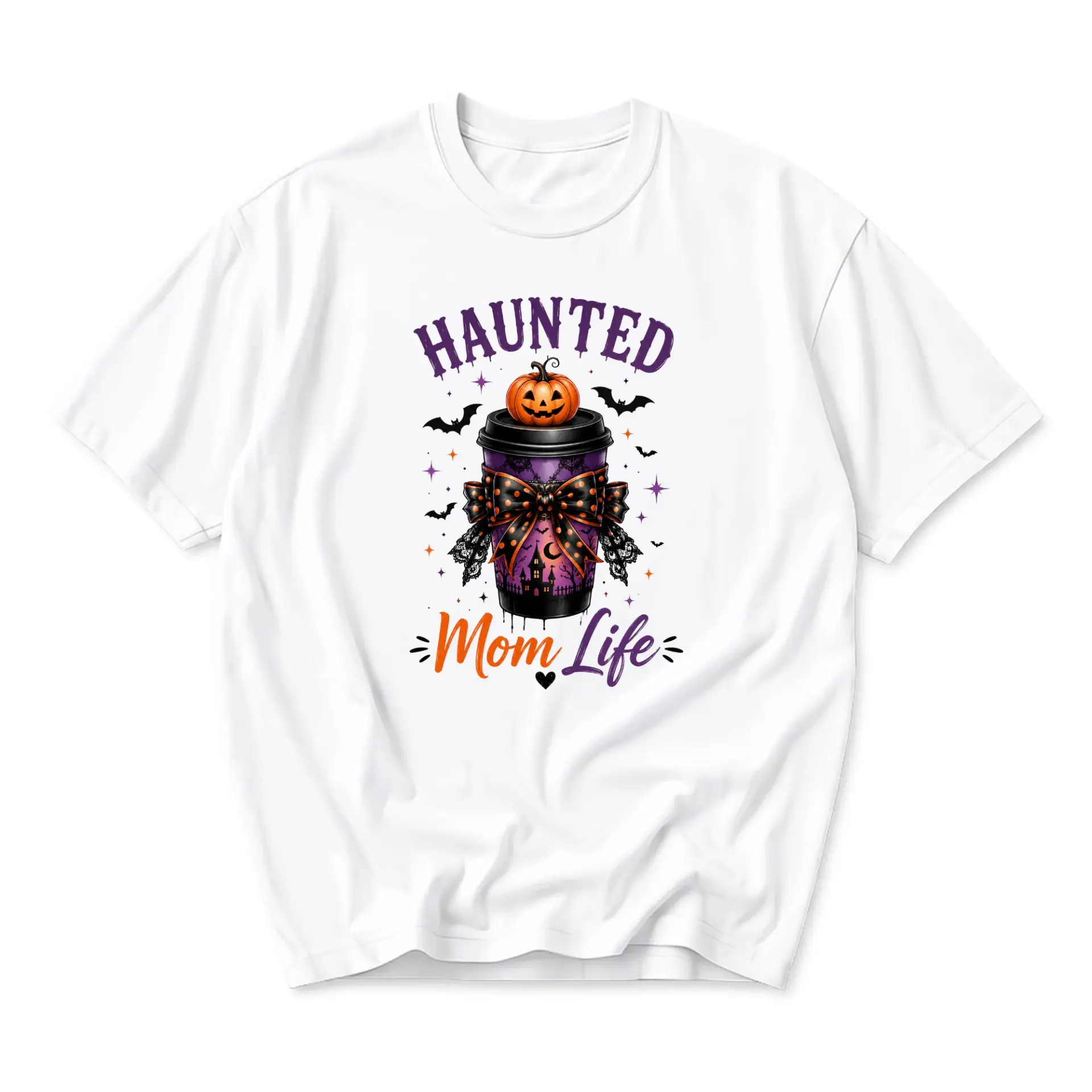 Graphic Tee Haunted Mom Life Halloween Coffee Cup Print Unisex Crew Neck Casual Everyday Short Sleeve Shirt