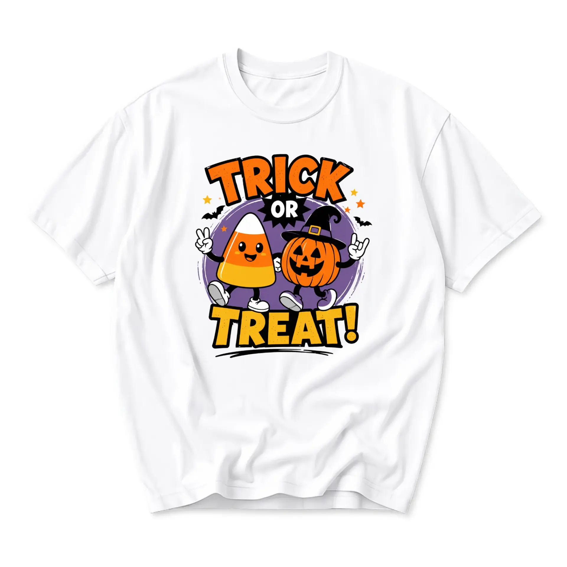 Funny Shirt Trick or Treat Graphic Tee Featuring Cute Candy Corn and Jack O Lantern Pumpkin Halloween Design