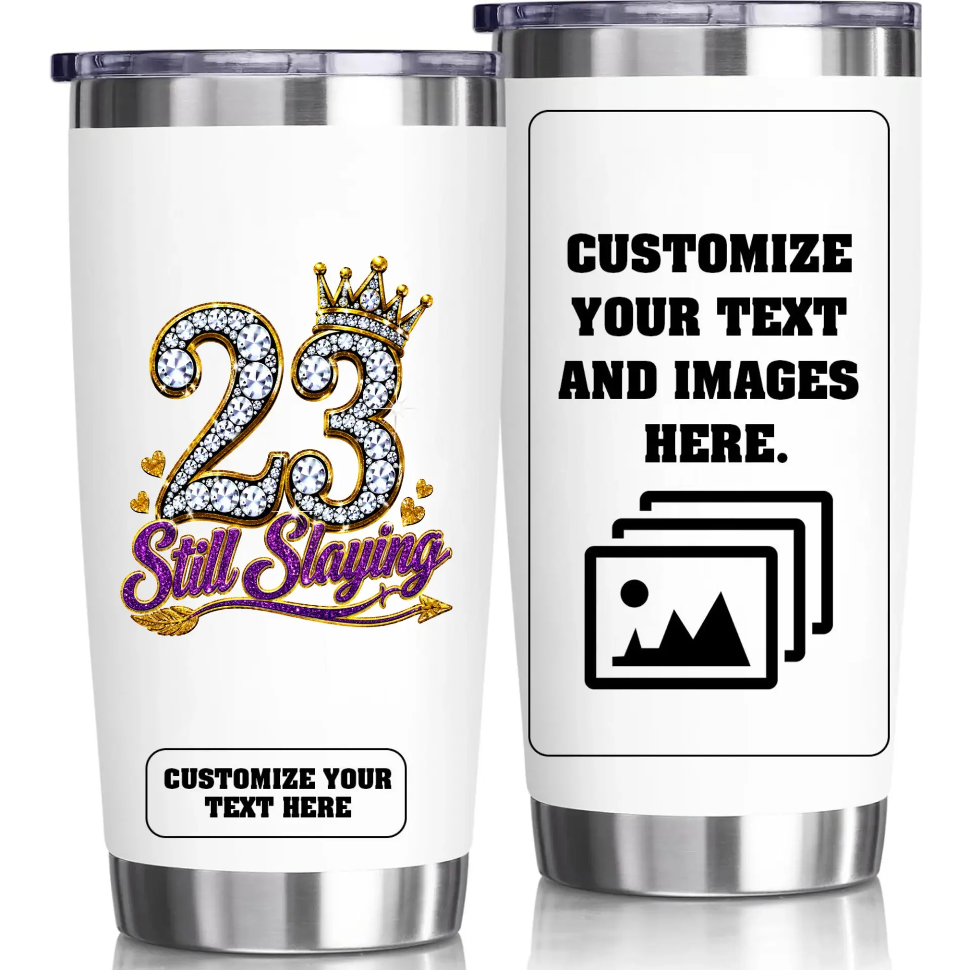 Stainless Steel Tumbler 20 Oz Insulated Travel Mug for Birthday Gift with Customizable Design and Crown Graphic