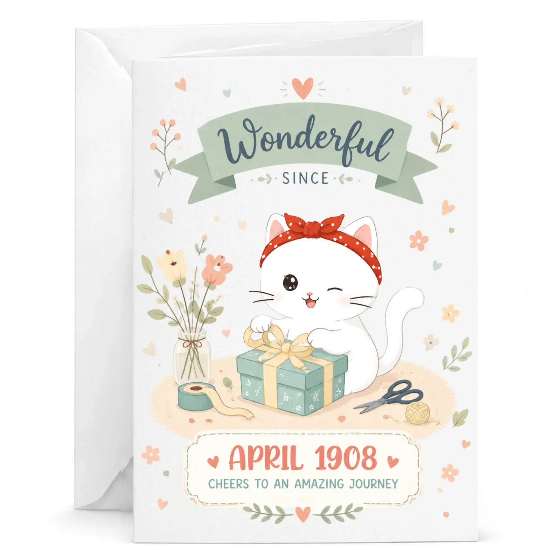 Birthday Card Wonderful Since April 1908 Vintage Style Cat Greeting Card for Special Milestone Anniversary Celebration
