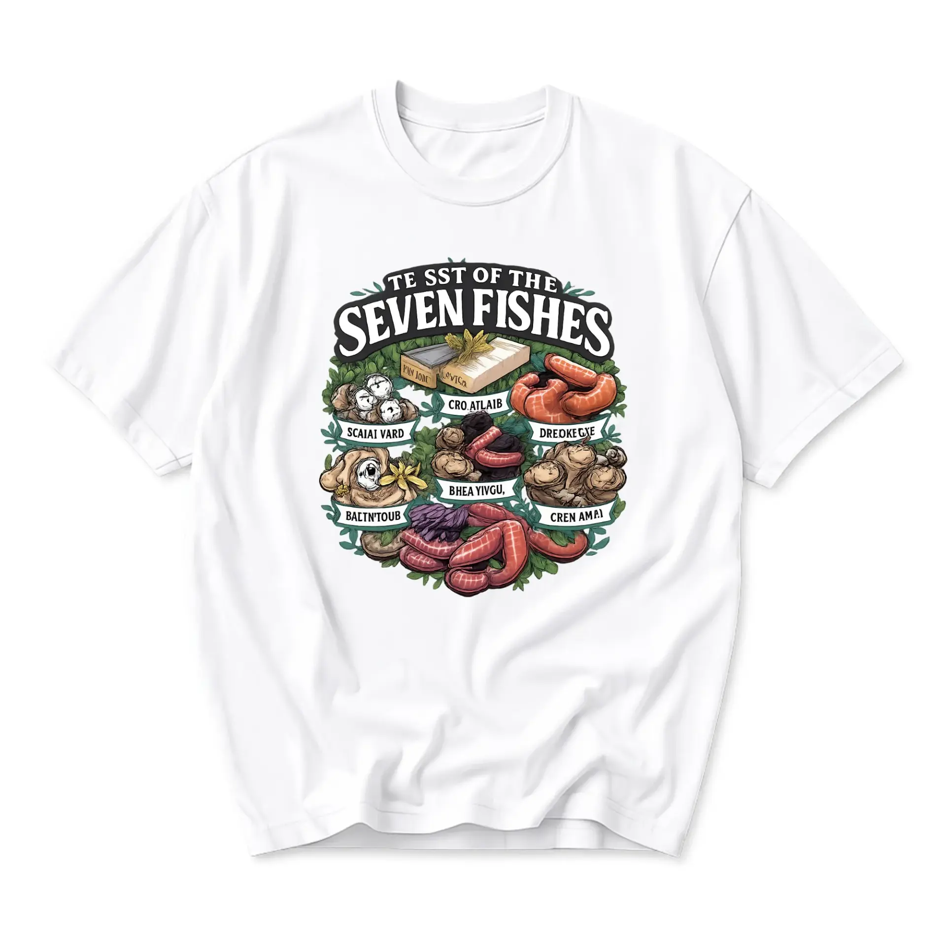 Graphic Tee Unisex Short Sleeve Crew Neck Shirt Featuring Seven Fishes Food Art Illustration Print Casual Apparel