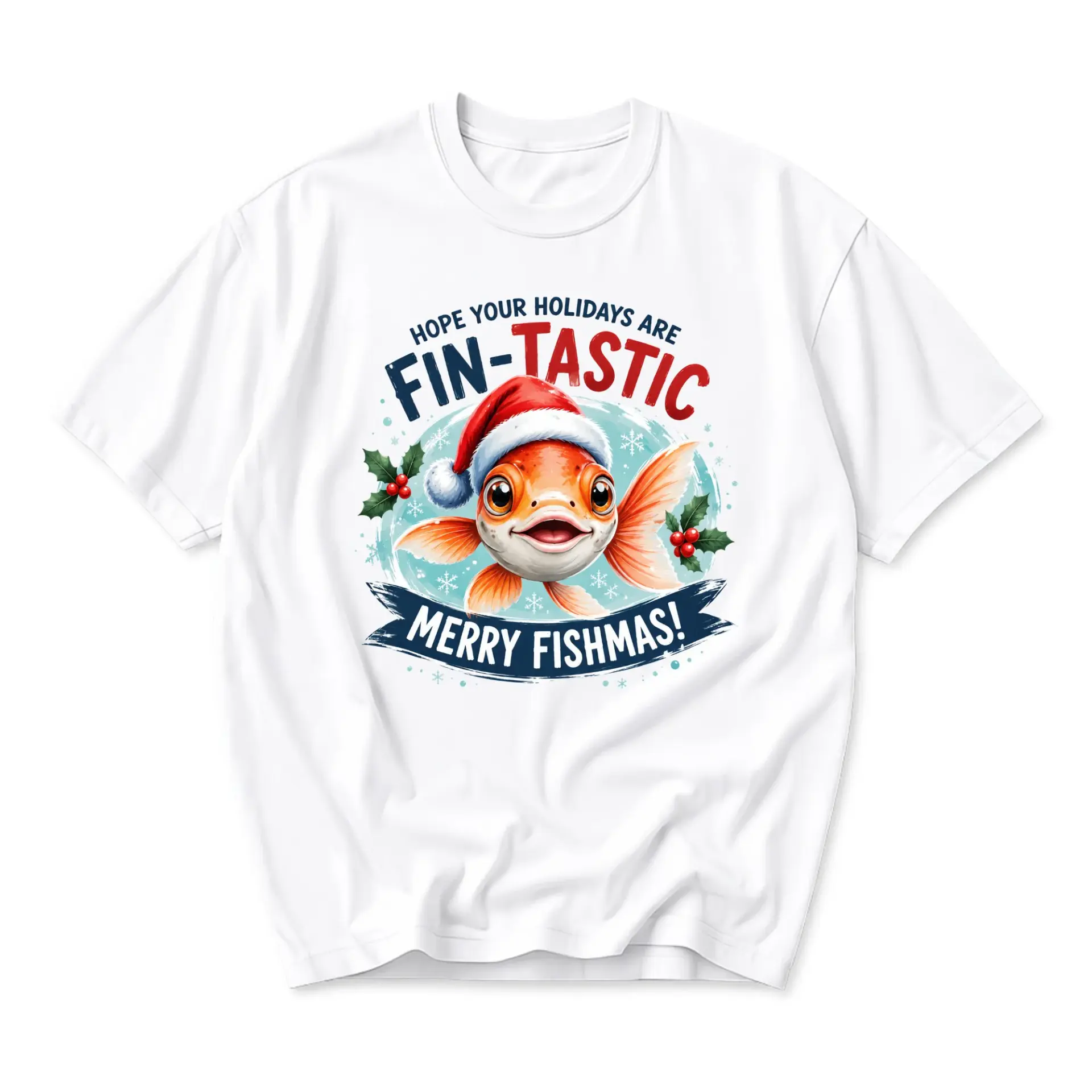 Funny Shirt Your Holidays Are Fin-Tastic Merry Fishmas Graphic Tee Unisex Casual Cotton Short Sleeve Crew Neck