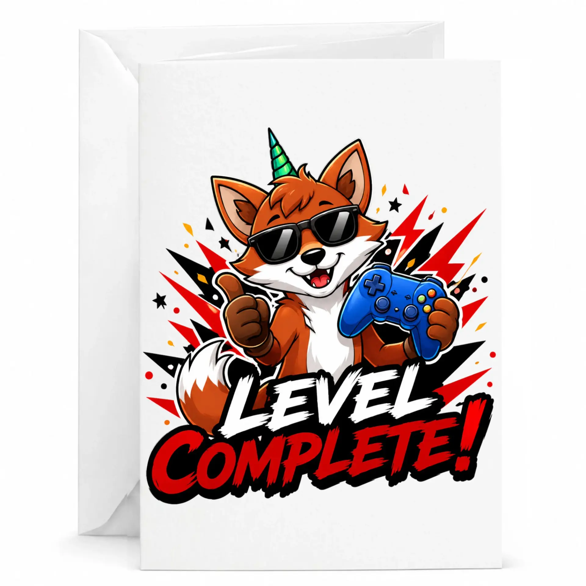 Funny Greeting Card Level Complete Gamer Fox with Sunglasses and Controller Design for Birthdays and Congratulations