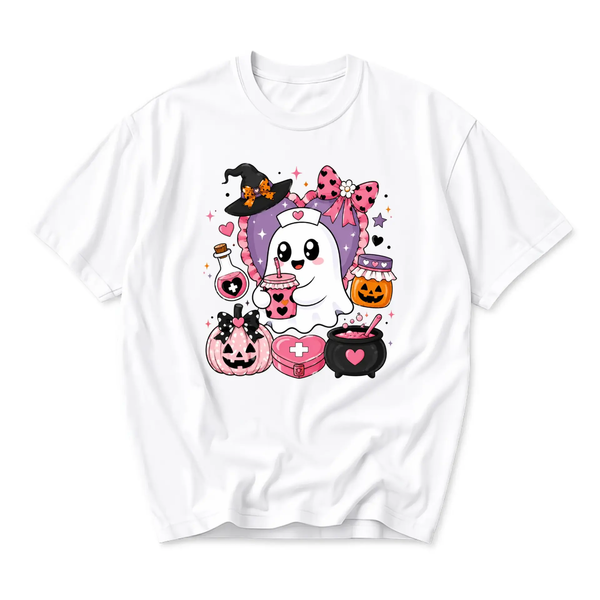 Graphic Tee Cute Ghost Nurse Halloween Shirt Pink Spooky Aesthetic Casual Unisex Crew Neck Apparel for Fall Season