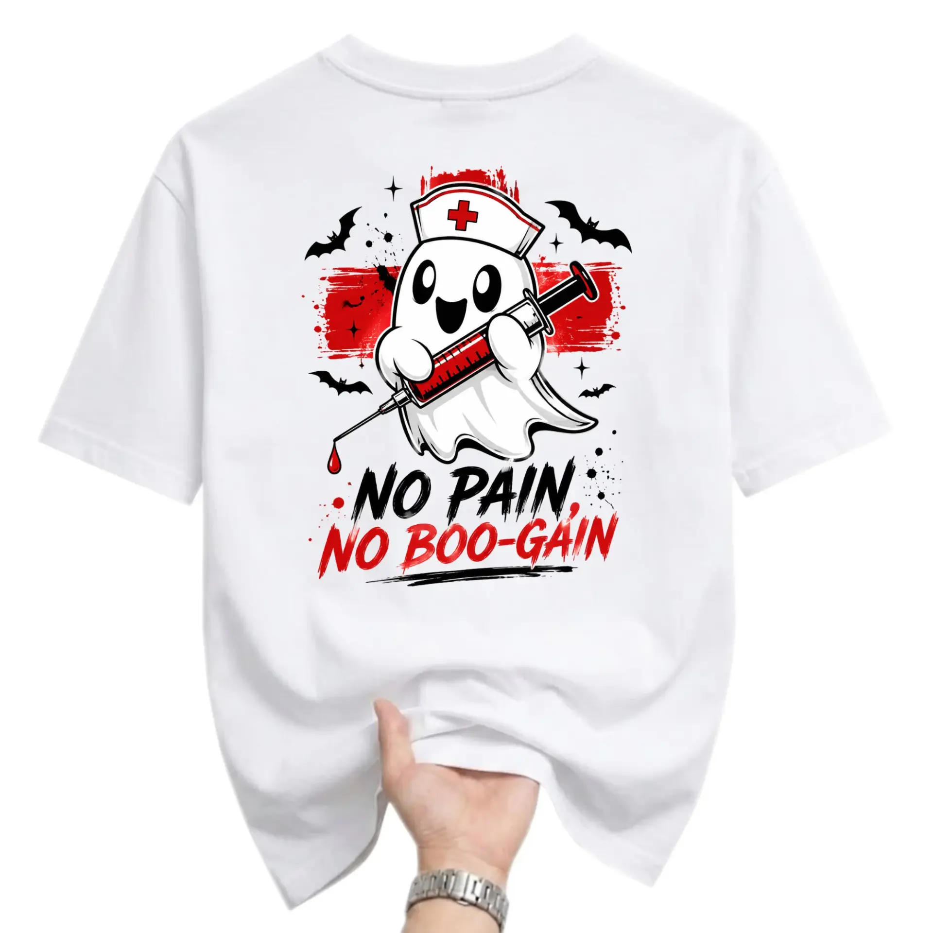 Funny Shirt No Pain No Boo Gain Nurse Ghost Graphic Tee Casual Unisex Crew Neck Short Sleeve Cotton Blend Top