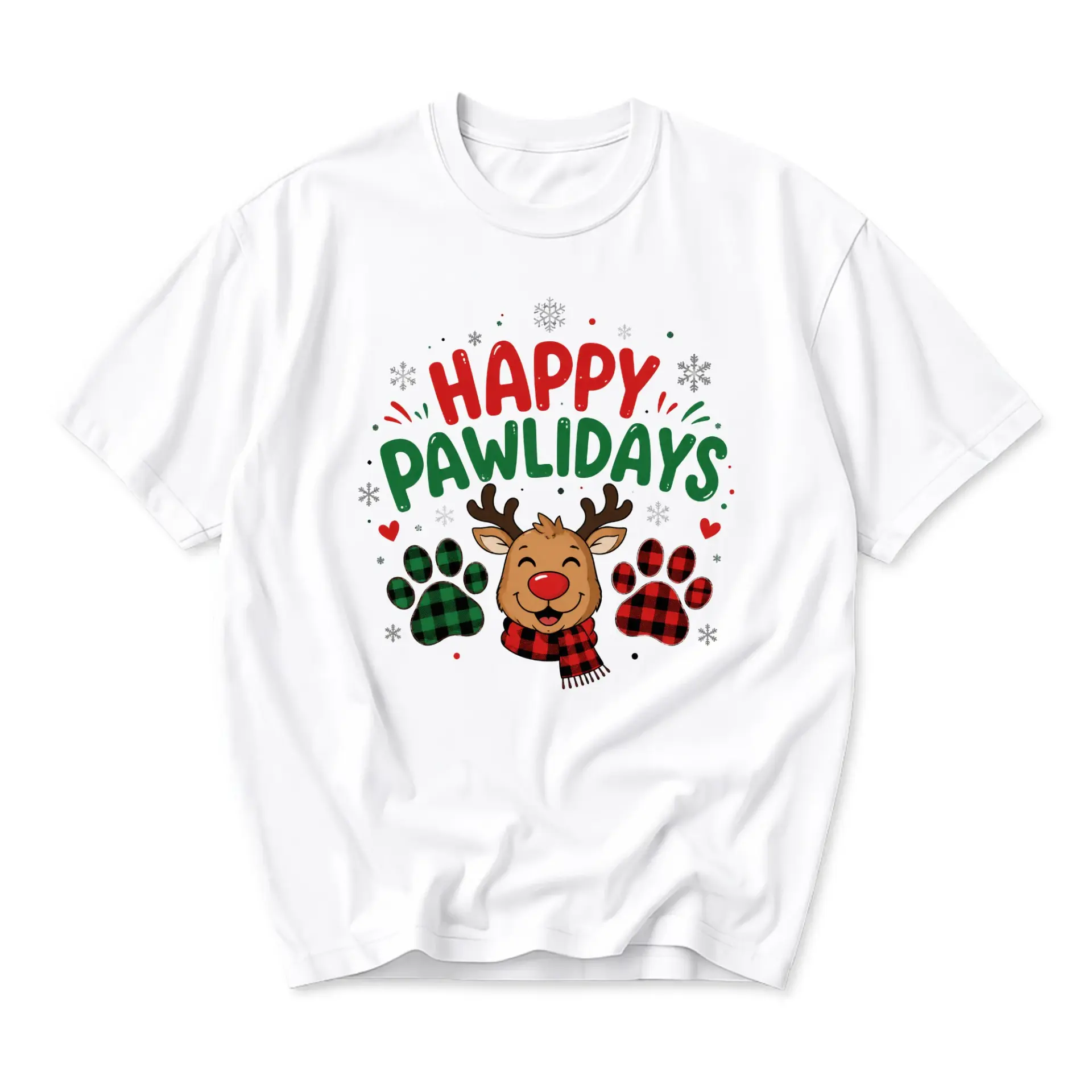 Graphic Tee Happy Pawlidays Reindeer Shirt Holiday Animal Print Unisex Crew Neck Casual Everyday Wear Soft Cotton
