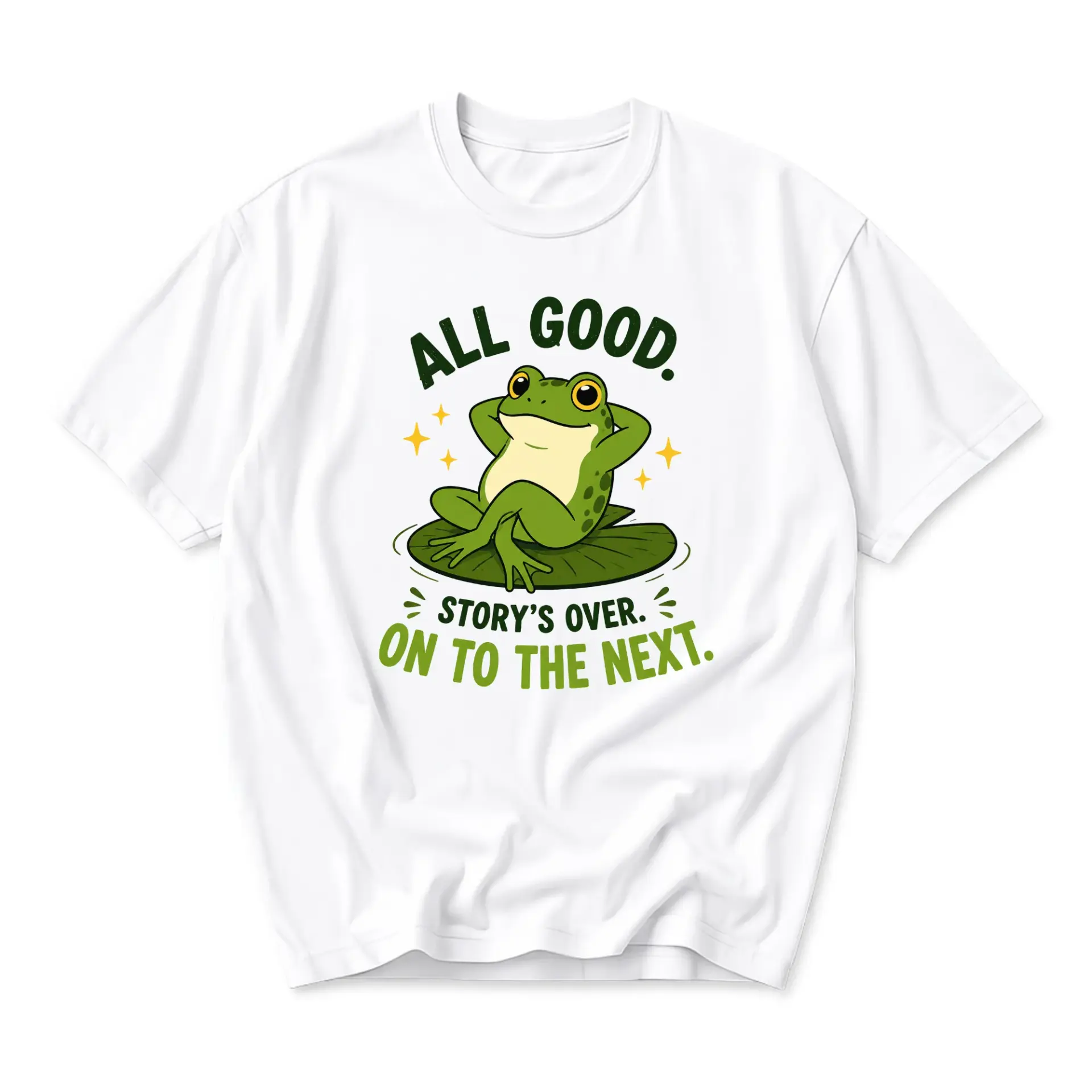 Funny Shirt All Good Story's over on to the Next Relaxed Frog Graphic Tee Unisex Crew Neck Casual Cotton Top White