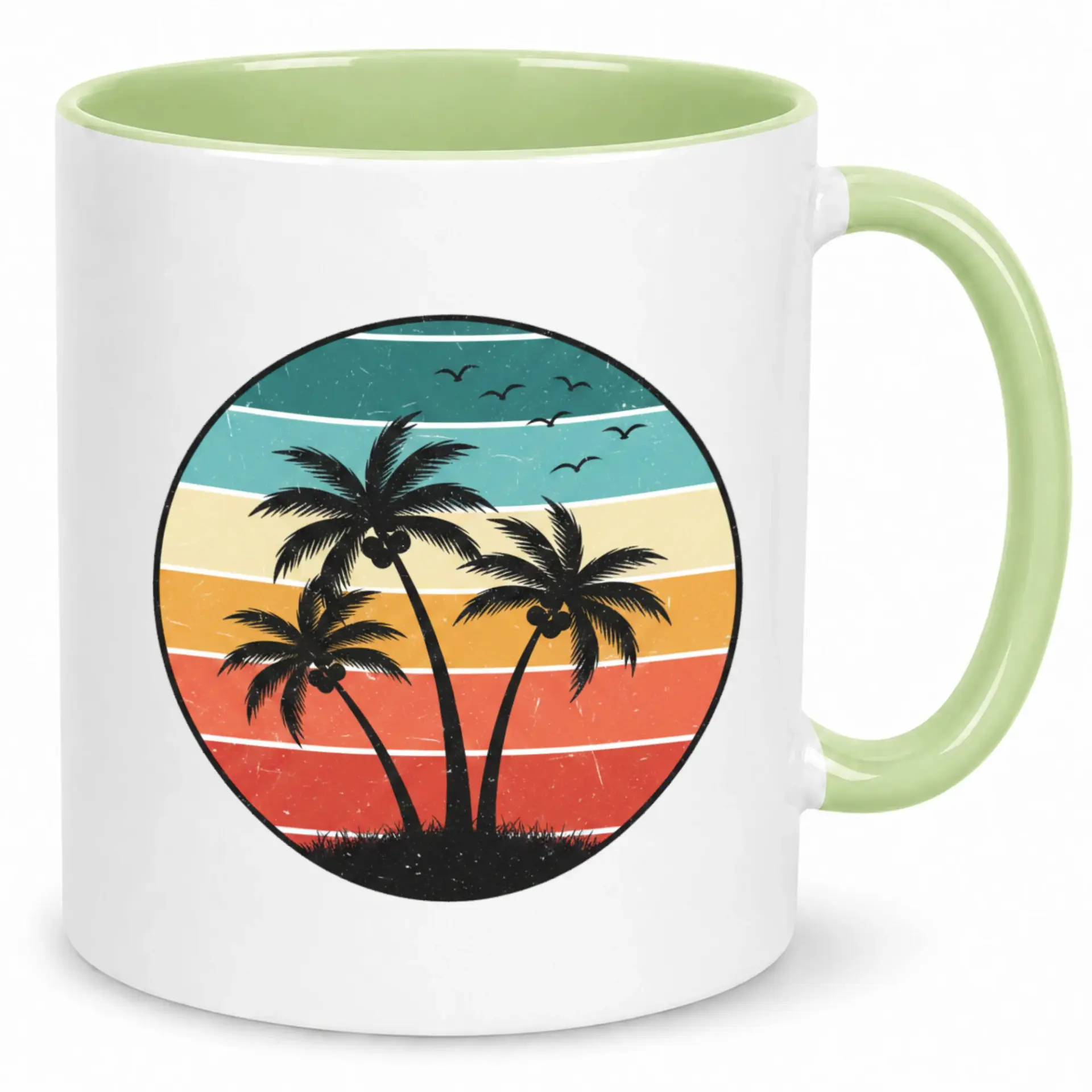 Coffee Mug Ceramic Mug Tropical Palm Trees Retro Sunset Beach Design White Green Handle Durable Drinkware 11 Oz or 15 Oz Capacity