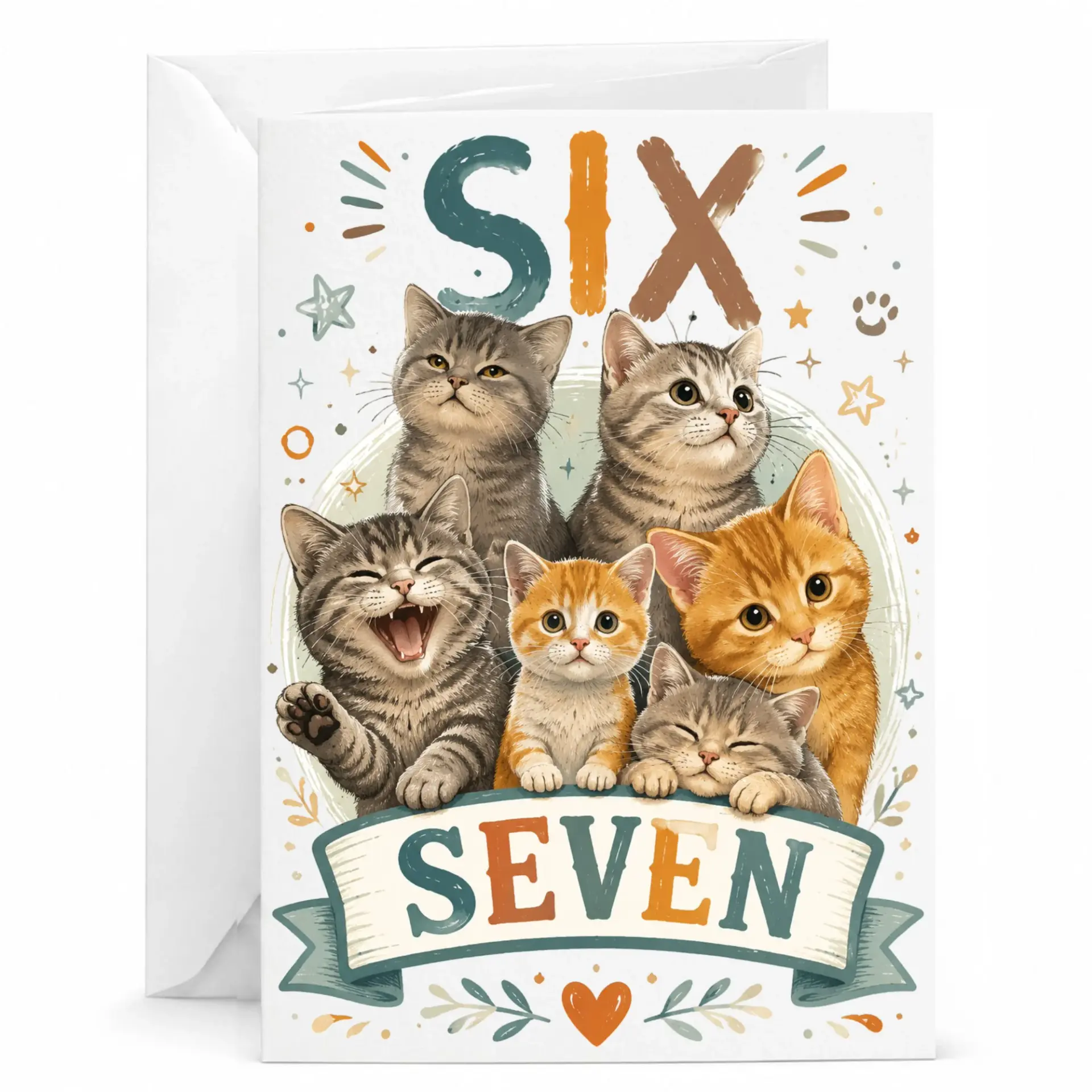 Birthday Card Featuring Cute Cats Design Six Seven Whimsical Greeting