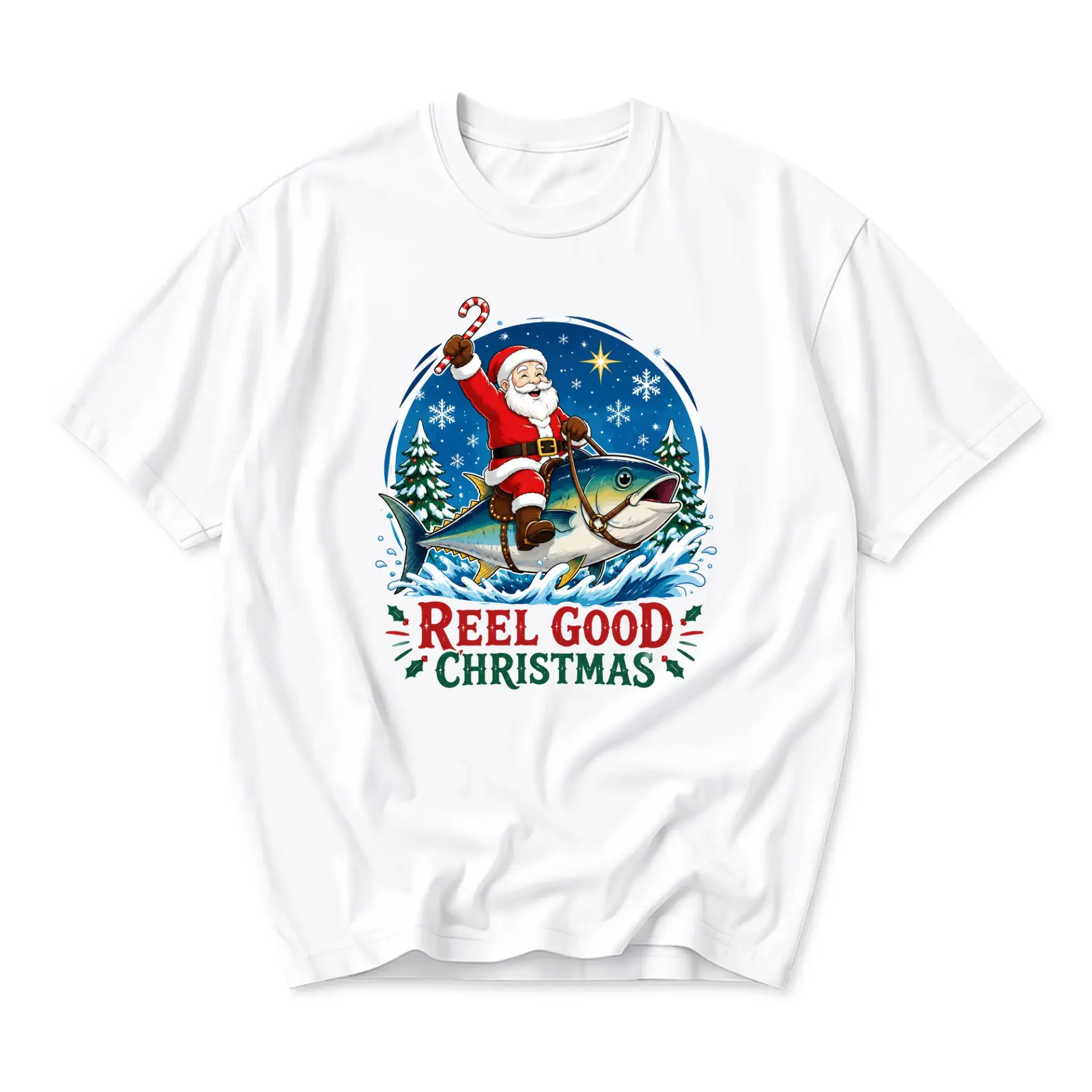 Funny Shirt Reel Good Christmas Santa Riding a Fish Graphic Tee Unisex Holiday Casual Cotton Crew Neck T-Shirt