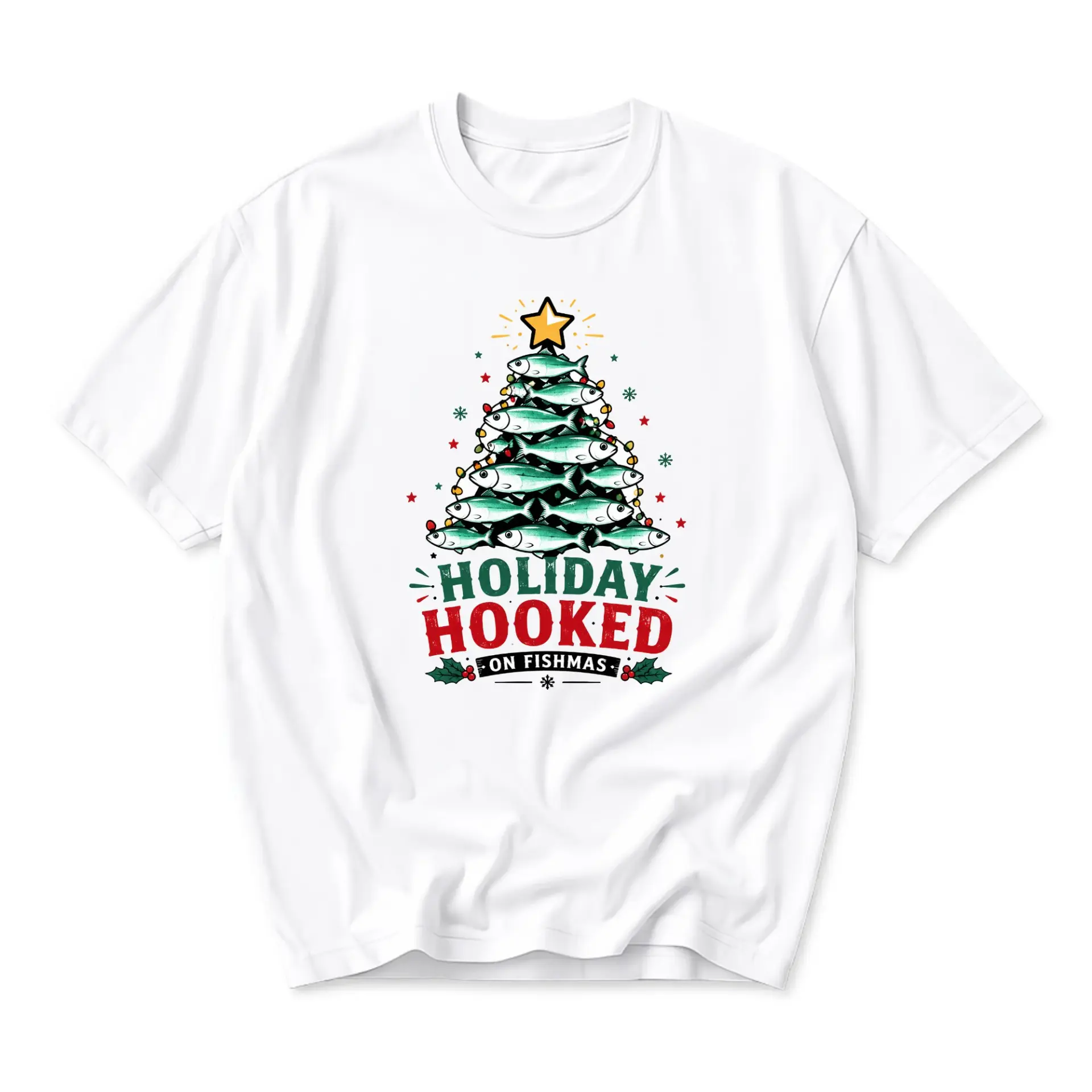 Funny Shirt Holiday on Fishmas Graphic Tee Casual Unisex Crew Neck Short