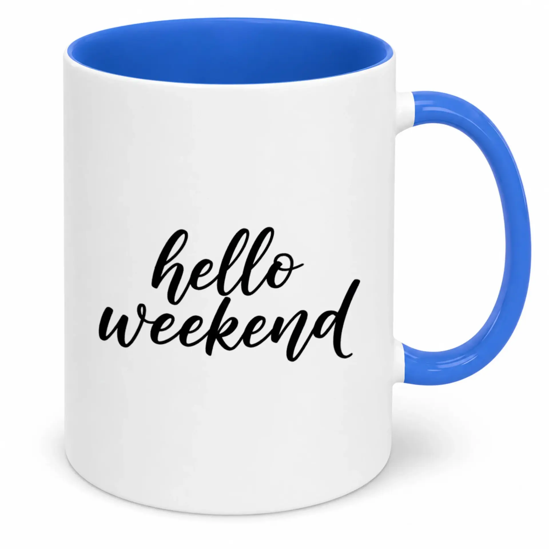 Hello Weekend Coffee Mug Ceramic Cup with Blue Handle & Interior, 11oz or 15oz Capacity, Motivational Drinkware Gift