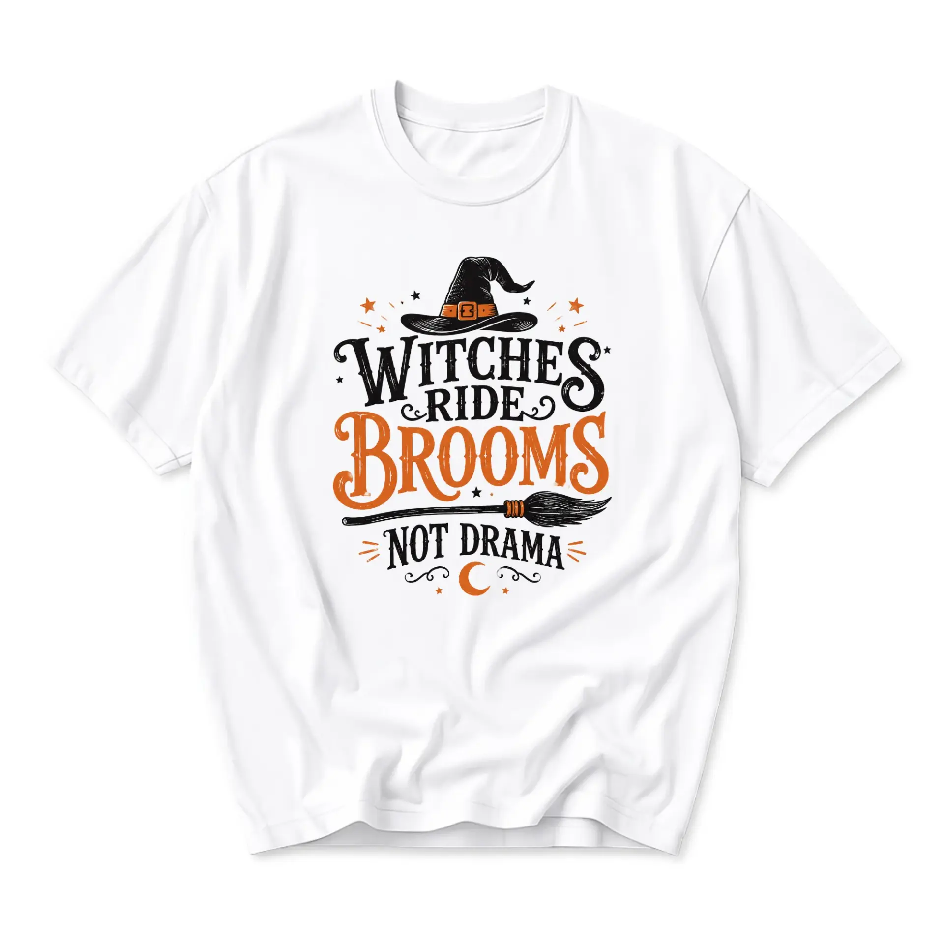 Funny Shirt Witches Ride Brooms Not Drama Graphic Tee Unisex Casual Cotton Crew Neck Top for Fall Seasonal Outfits