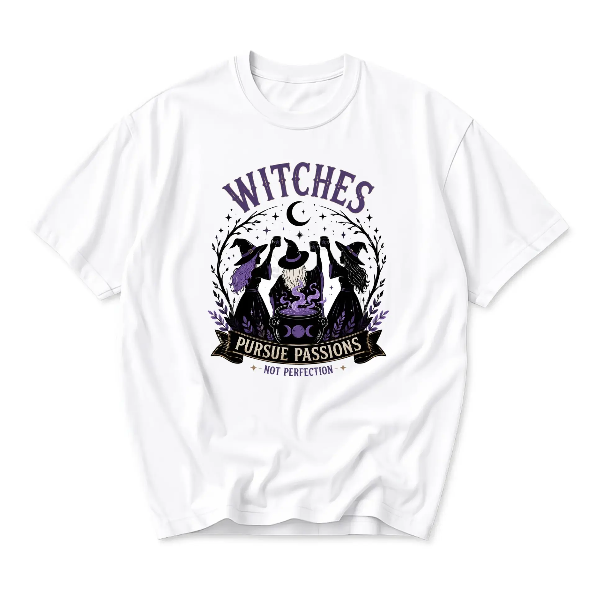 Graphic Tee Unisex Crew Neck T-Shirt Featuring Witches Pursue Passions Not Perfection Illustration Soft Cotton Apparel