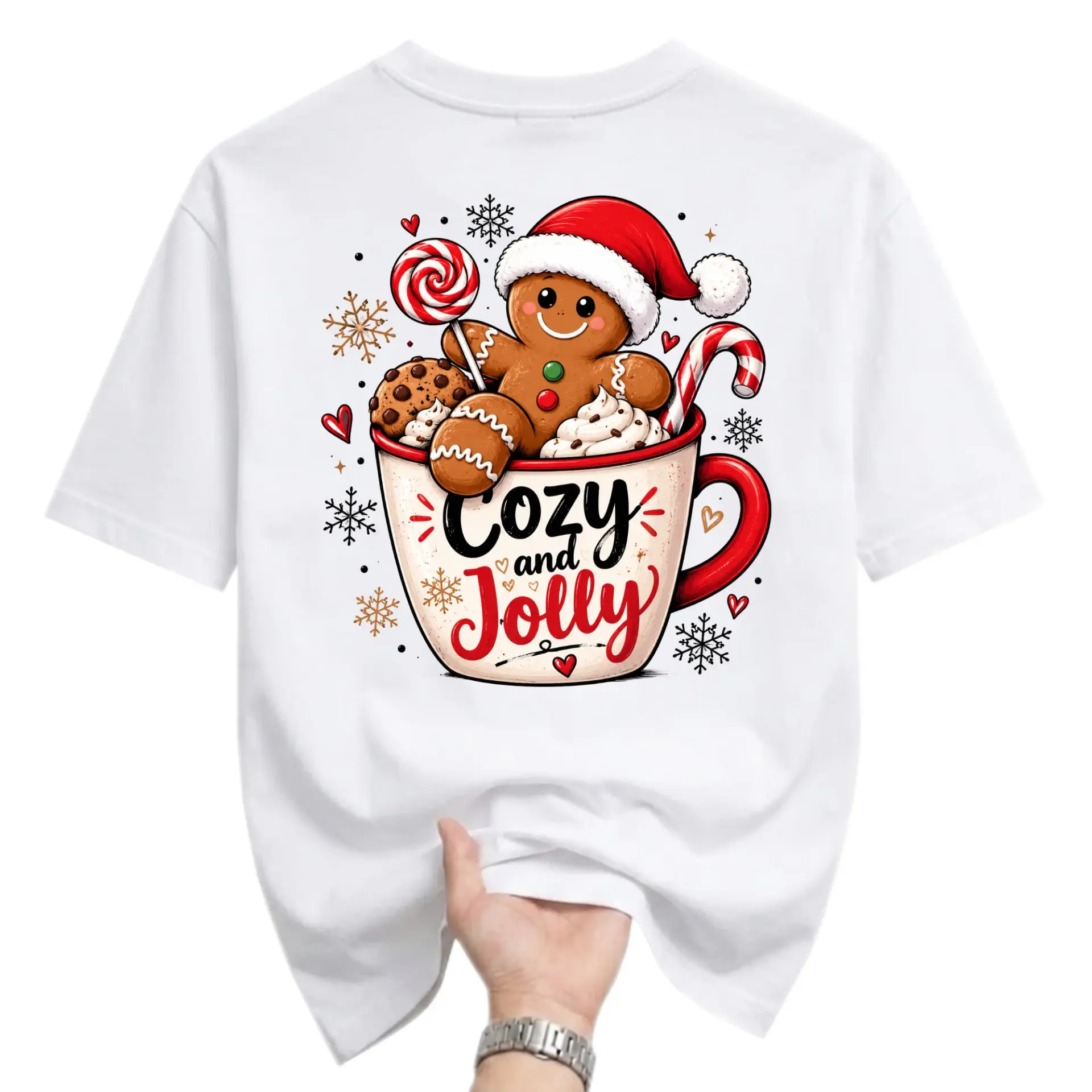 Graphic Tee Cozy and Jolly Gingerbread Man Christmas Unisex Crew Neck Short Sleeve Casual Cotton Blend T-Shirt Top