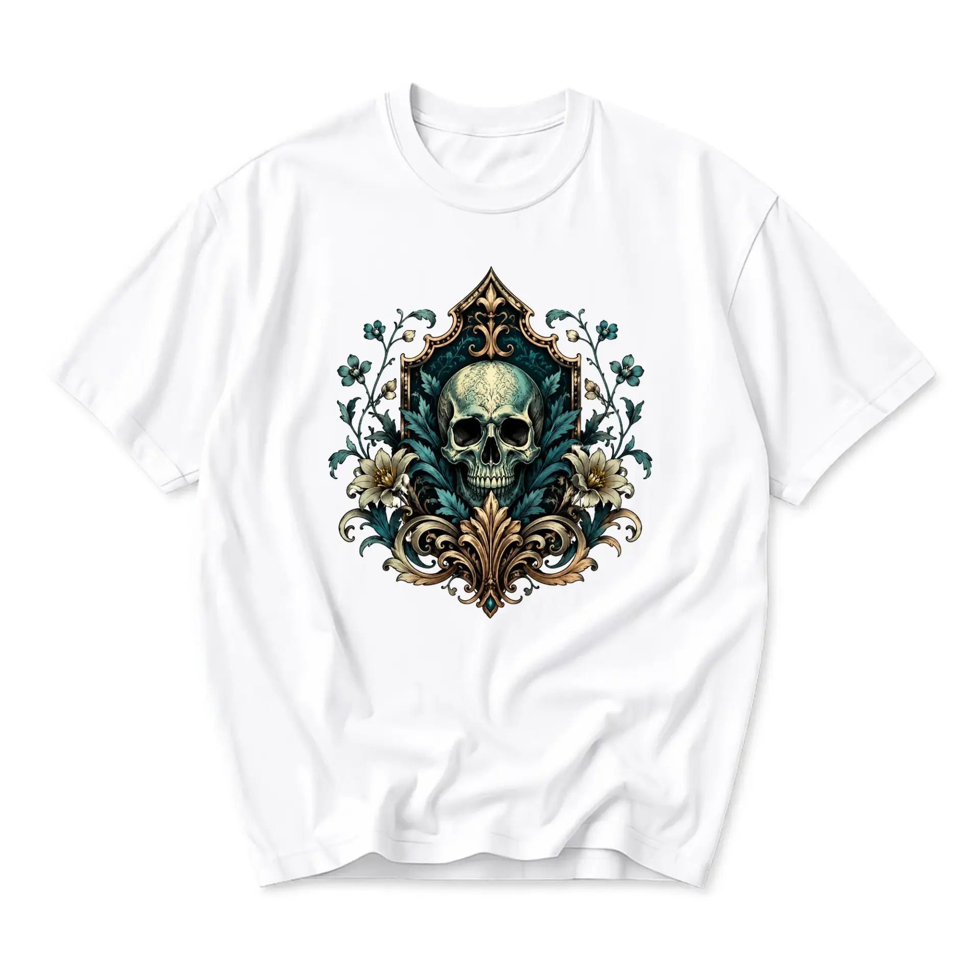 Graphic Tee Skull Art Shirt Gothic Floral Illustration Unisex Crew Neck Short Sleeve Casual Cotton Blend Top Apparel