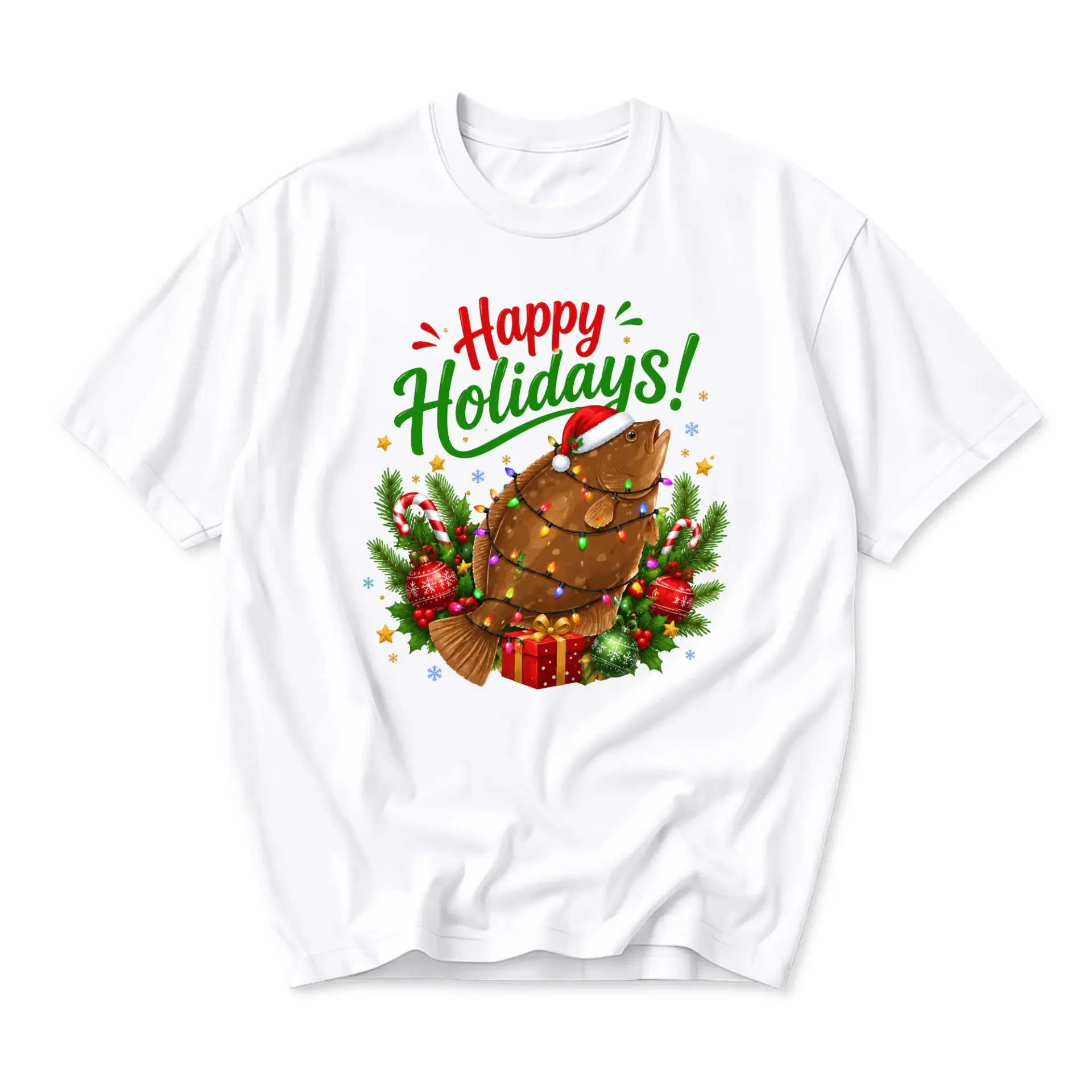 Graphic Tee Happy Holidays Funny Fish Christmas Lights Print Unisex Crew Neck Casual Everyday Short Sleeve Shirt