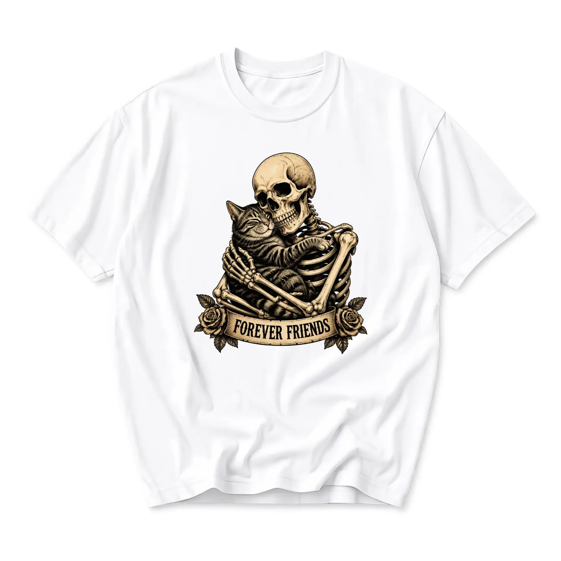 Graphic Tee Forever Friends Skull Hugging a Cat Unisex T-Shirt Gothic Aesthetic Soft Cotton Casual Everyday Apparel