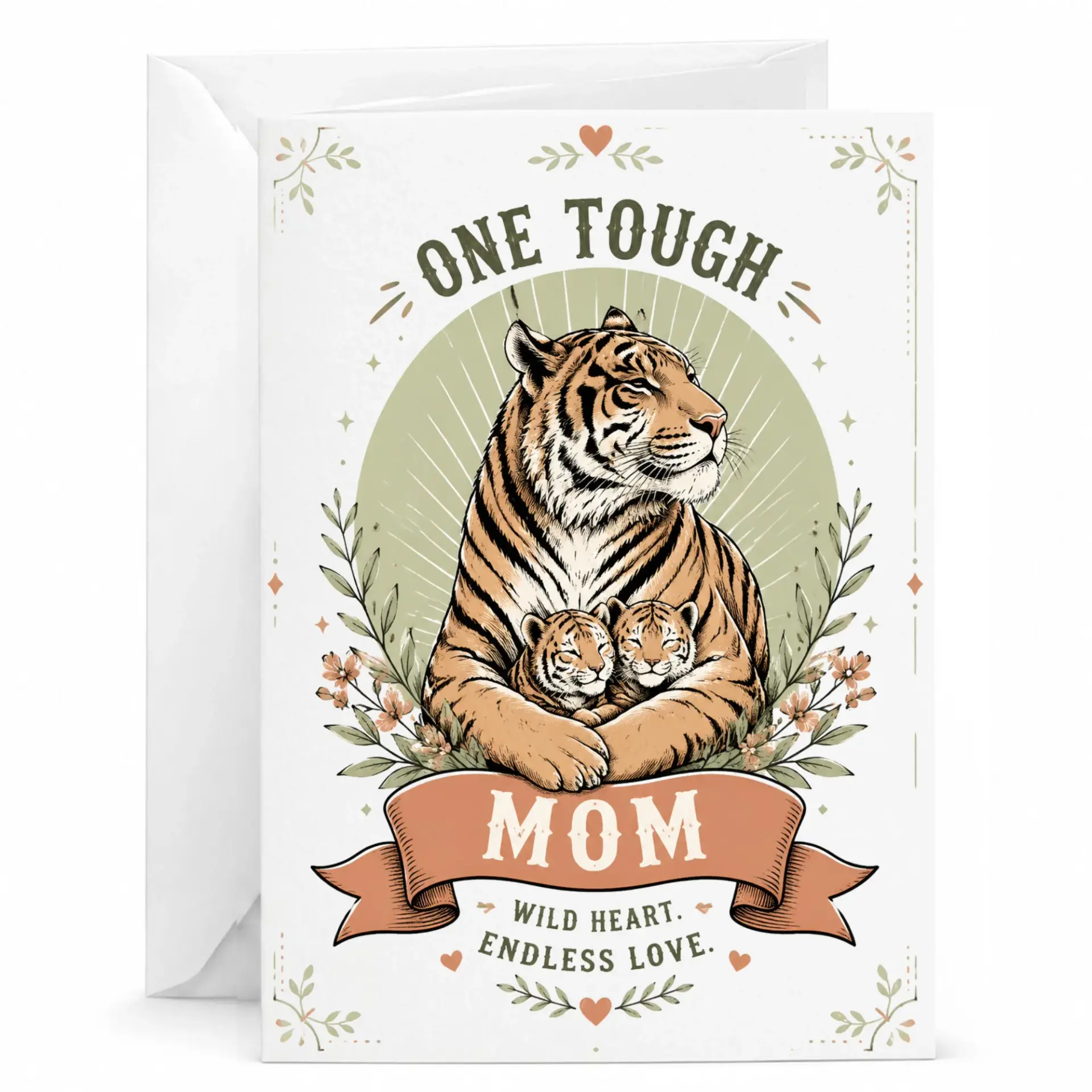 Greeting Card One Tough Mom Tiger Illustration Inspirational Design for Mother Premium Heavyweight Stationery