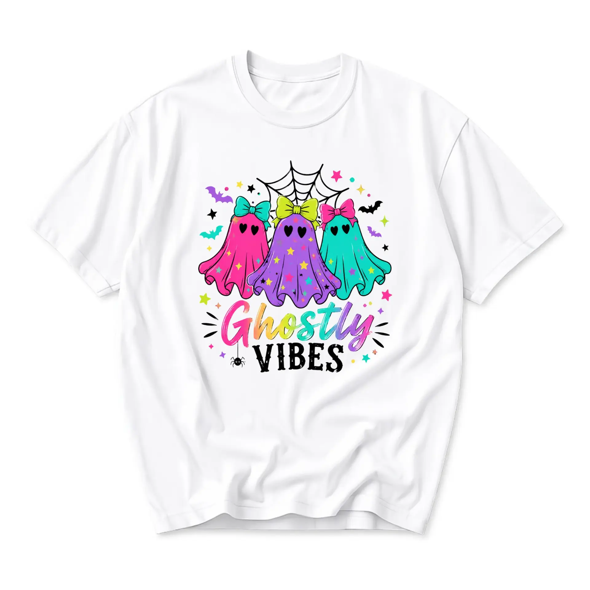 Graphic Tee Ghostly Vibes Shirt Featuring Colorful Spooky Ghosts with Bows for Casual Everyday Wear and Style