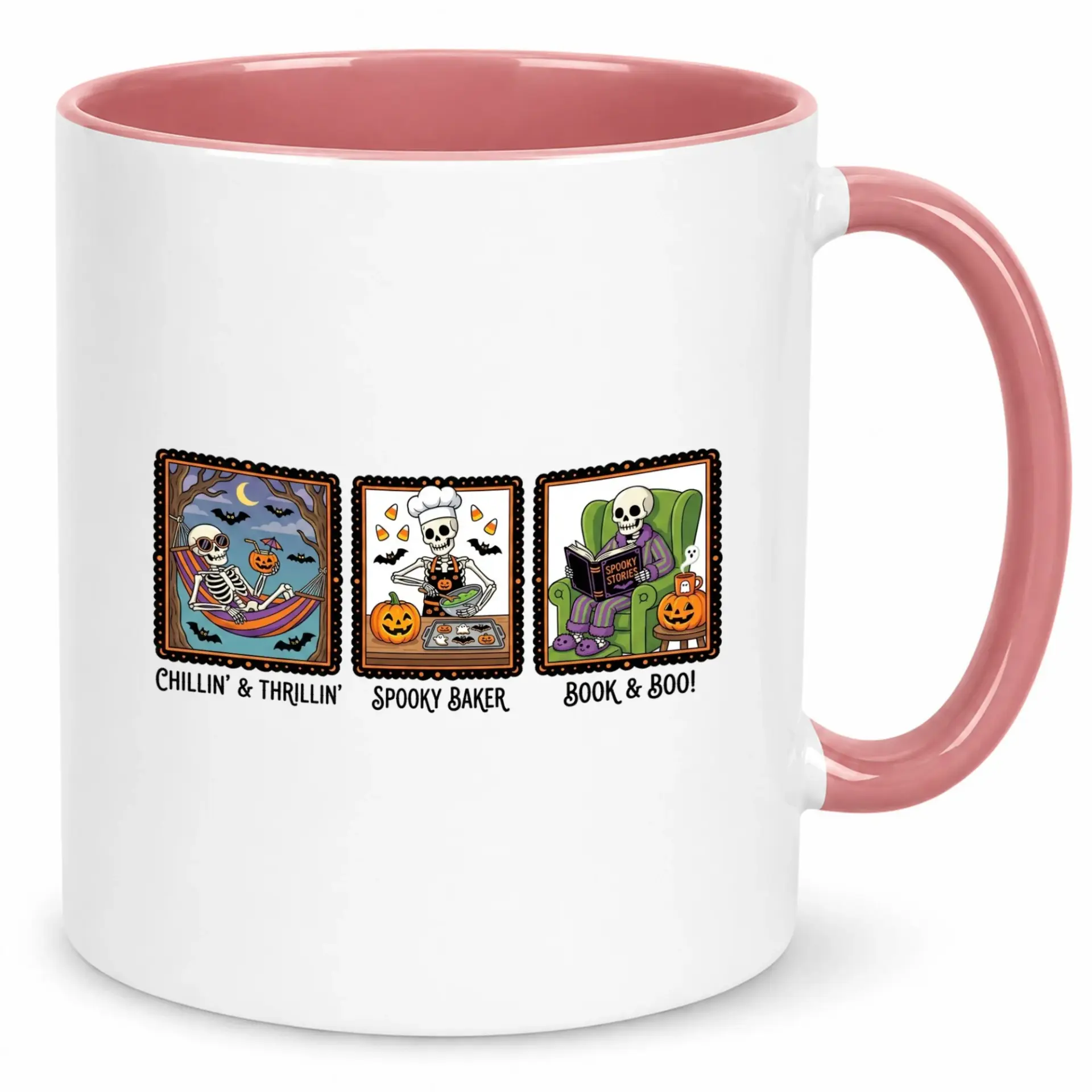 Funny Skeleton Halloween Coffee Mug, Spooky Baker Chillin' & Thrillin' Book & Boo Ceramic Cup for Seasonal Beverage Enjoyment