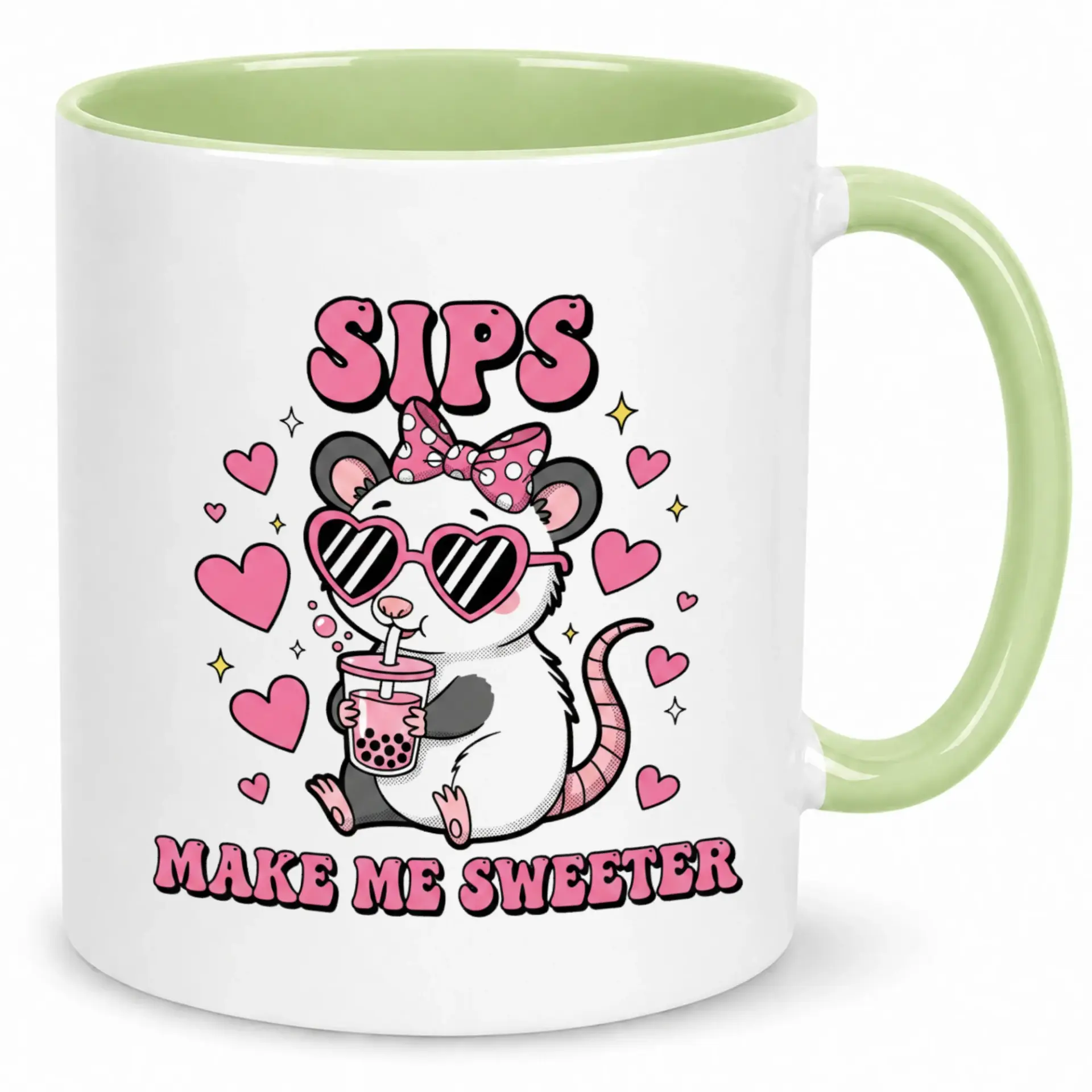 Funny Opossum Boba Tea Coffee Mug, Cute Animal Drink Lover Ceramic Cup, Sips Make Me Sweeter Novelty Beverage Gift for Friends and Coworkers