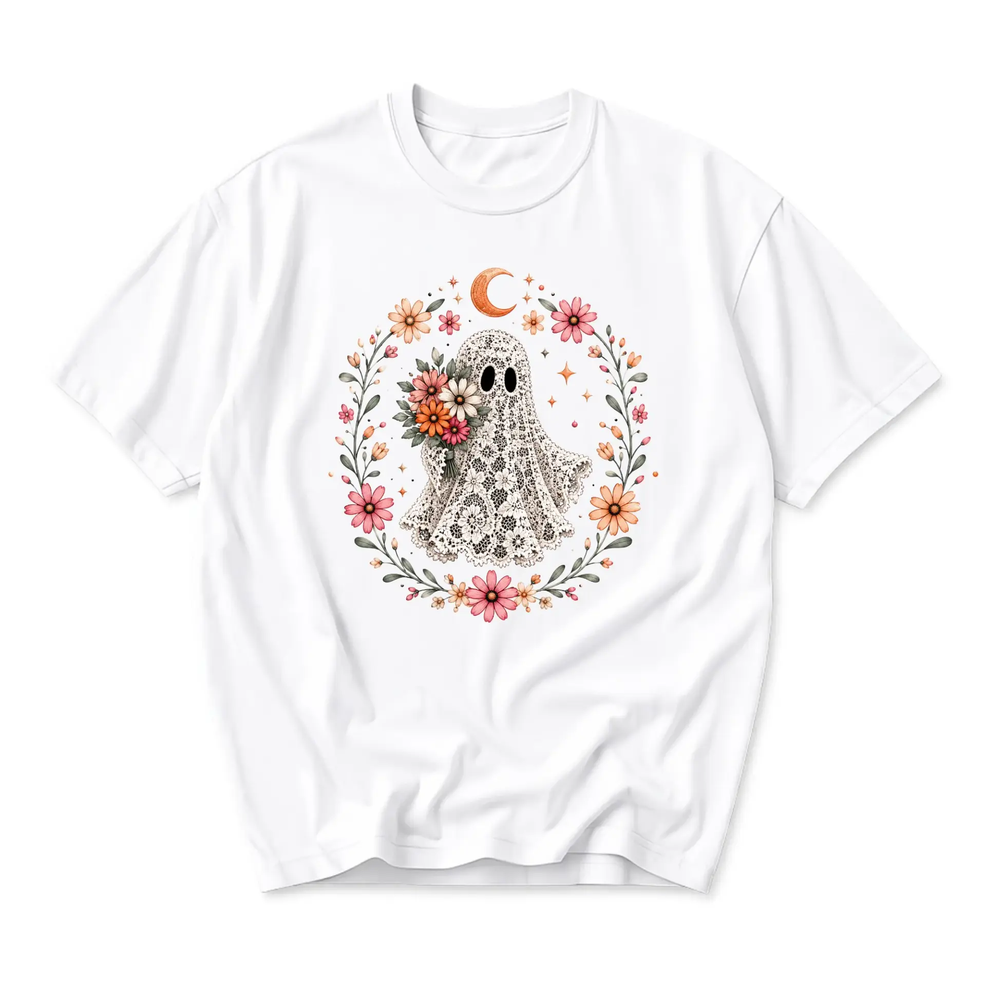 Graphic Tee Featuring a Lace Ghost with Floral Wreath and Crescent Moon Design Unisex Casual Short Sleeve Shirt