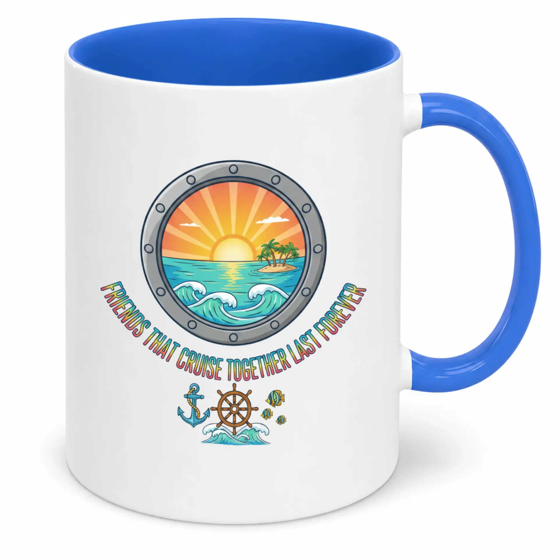 Friends That Cruise Together Last Forever Nautical Porthole Design Ceramic Coffee Mug, 11oz or 15oz Beverage Cup for Travel Enthusiasts and Ocean Lovers