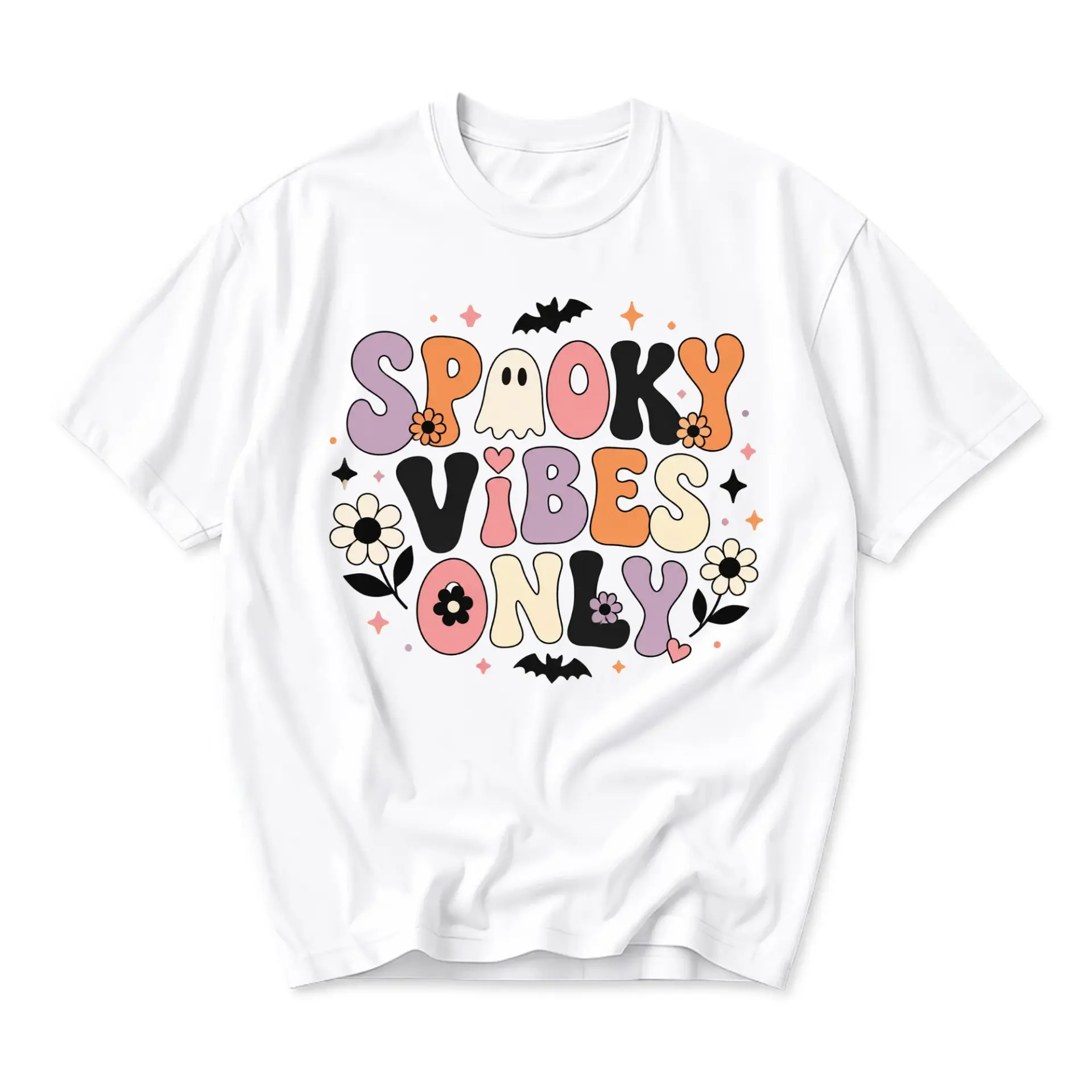 Graphic Tee Spooky Vibes Only Retro Fall Theme Unisex Shirt Casual Crew Neck Pullover for Everyday Wear and Expression
