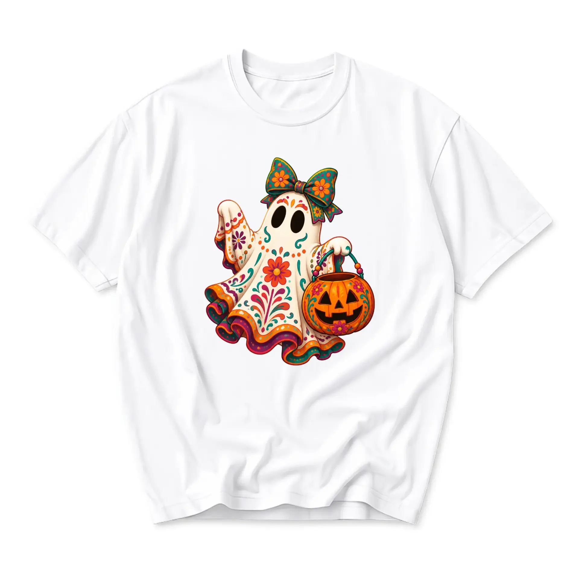 Graphic Tee Featuring Floral Sugar Skull Style Ghost Holding a Pumpkin Bucket for Festive Fall Seasonal Casual Apparel
