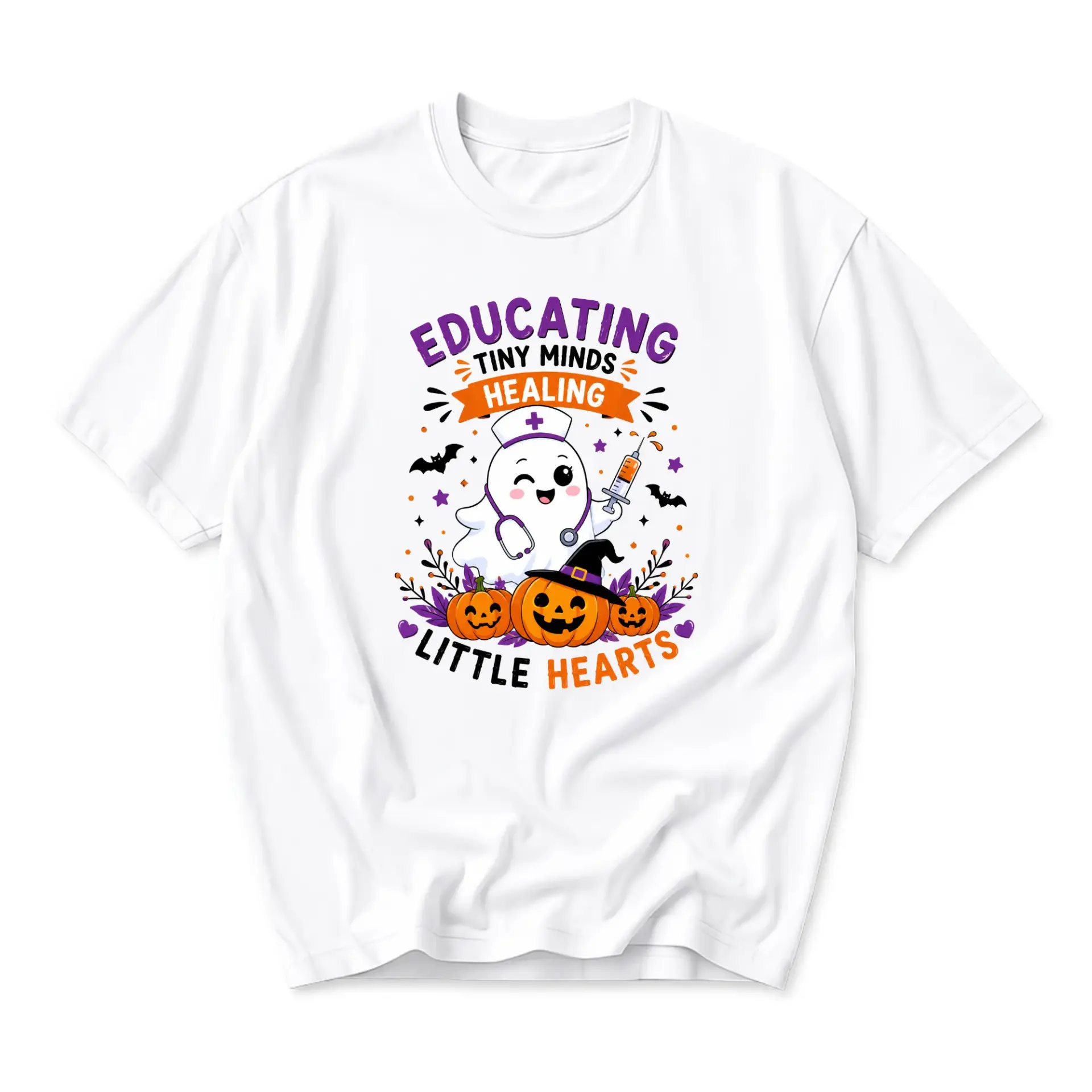Graphic Tee Educating Tiny Minds Healing Little Hearts Shirt Cute Ghost Nurse Halloween Apparel for Medical Workers