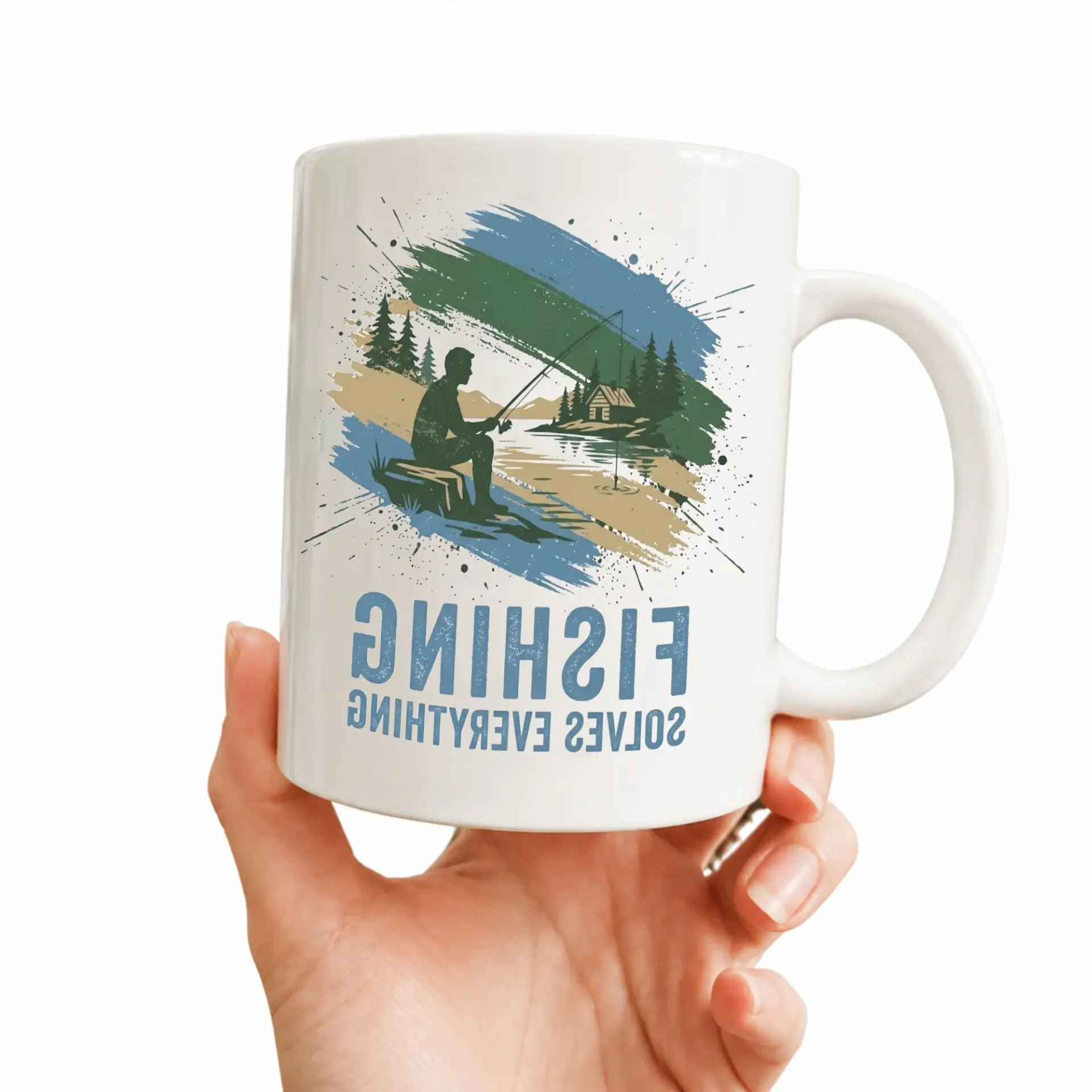 Fishing Solves Everything Two Ceramic Mug for Anglers and Nature Enthusiasts Outdoor Themed Drinkware