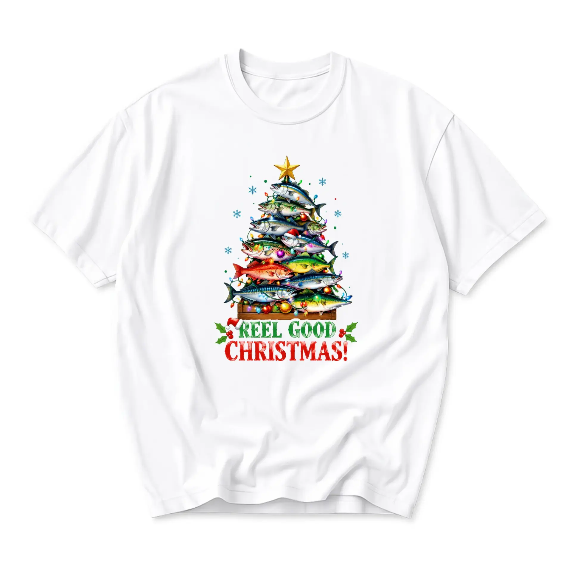 Funny Shirt Reel Good Christmas Fishing Graphic Tee Holiday Tree Design